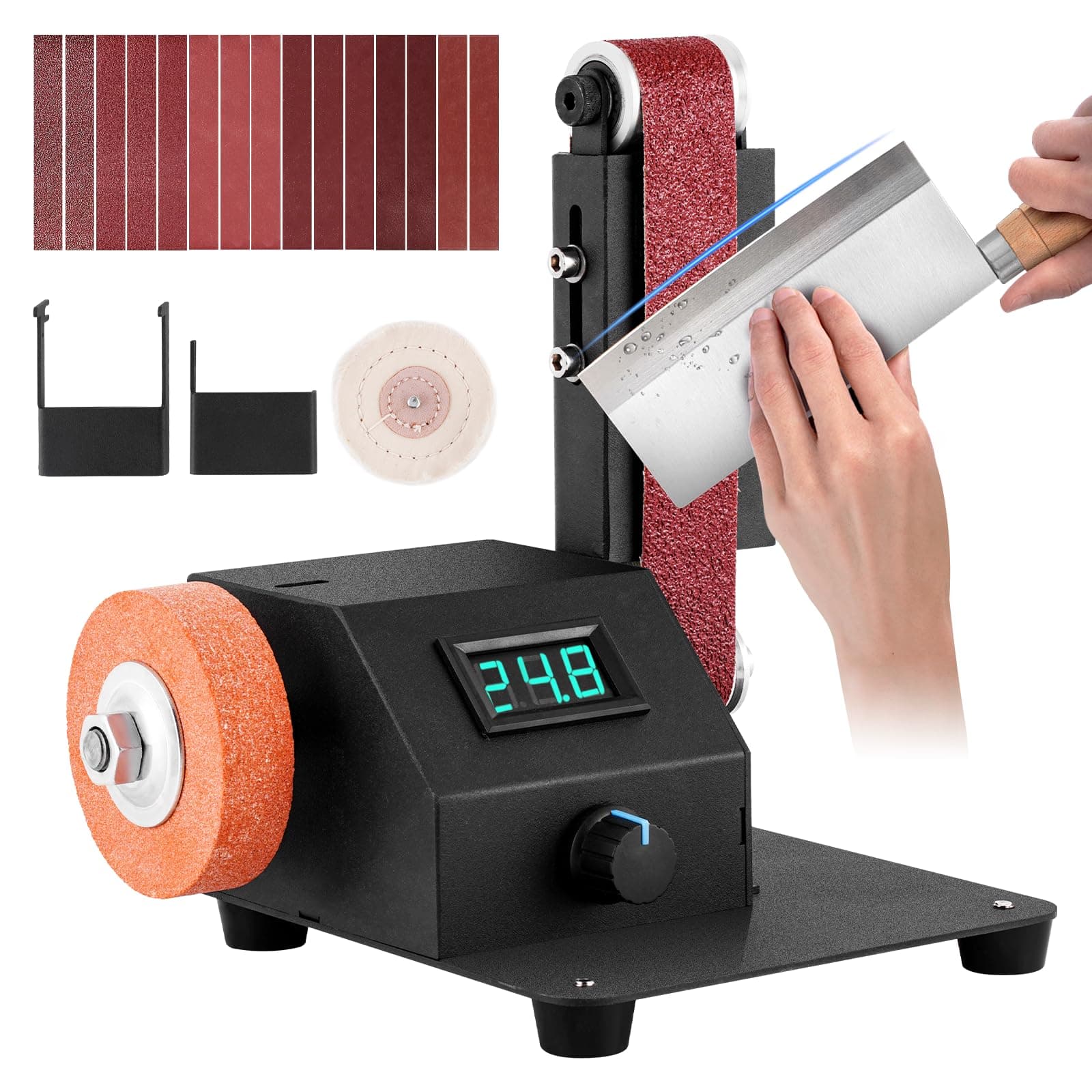 Mini Belt Sander Knife Sharpener Belt Sander Variable Speed Electric Power Belt Grinder with 15PCS 1.2x15in Multi‑Grit Abrasive Belts Low Noise for Knife Making Metal Working Woodworking & DIY