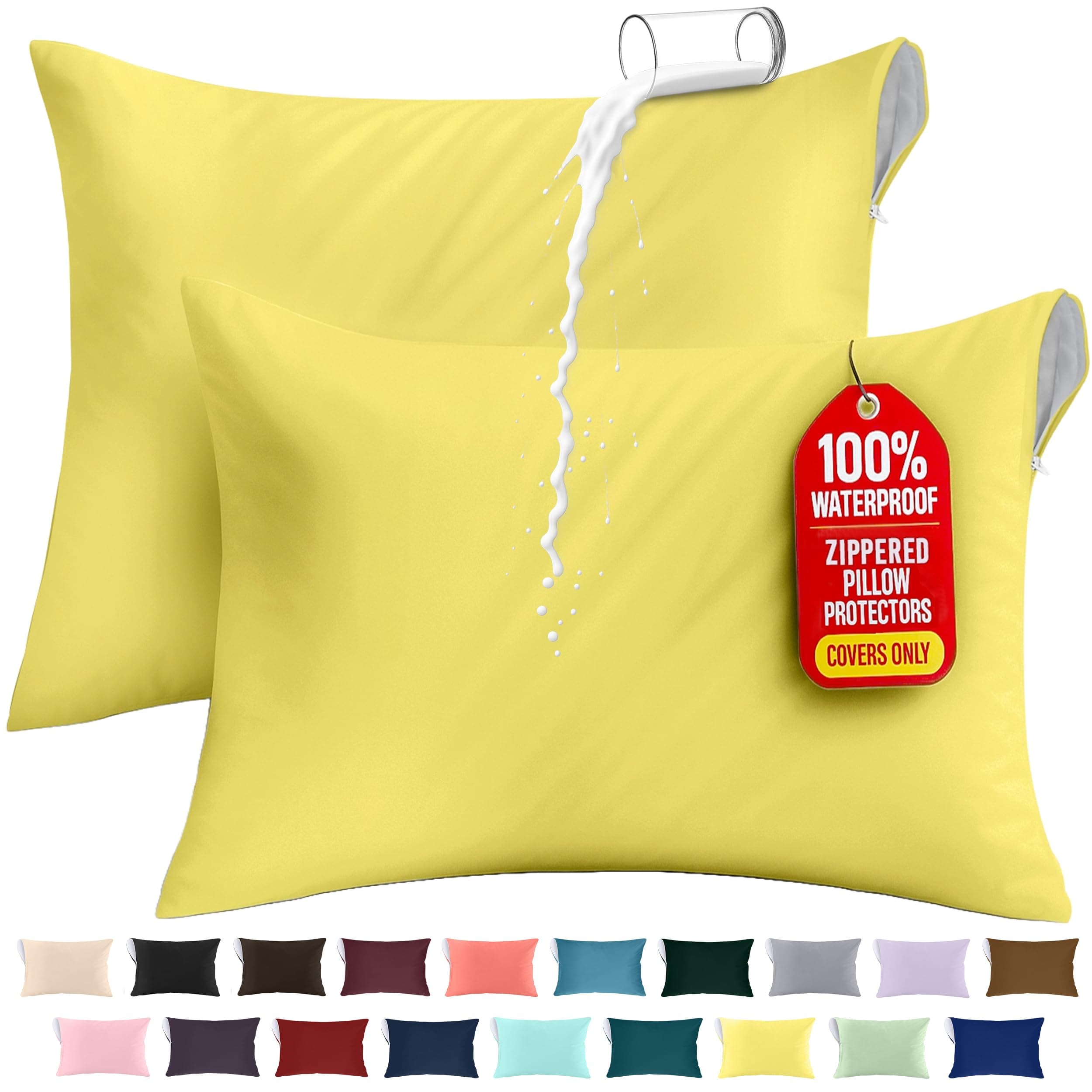 Utopia Bedding Waterproof Pillow Protector Zippered (2 Pack) Standard Yellow – Bed Bug Proof Pillow Encasement 20 x 26 Inches