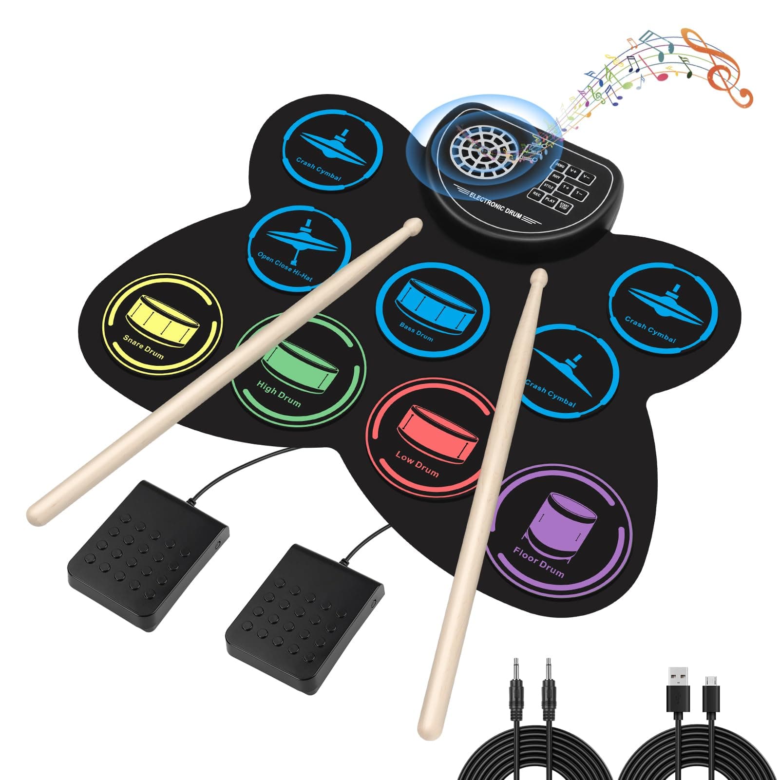 Electronic Drum Set, Marrilley 9 Drum Practice Pad with Headphone Jack, Roll-up Pad Machine Built-in Speaker Drum Pedals Sticks 10 Hours Playtime, Great Holiday Xmas Birthday Gift for Kids