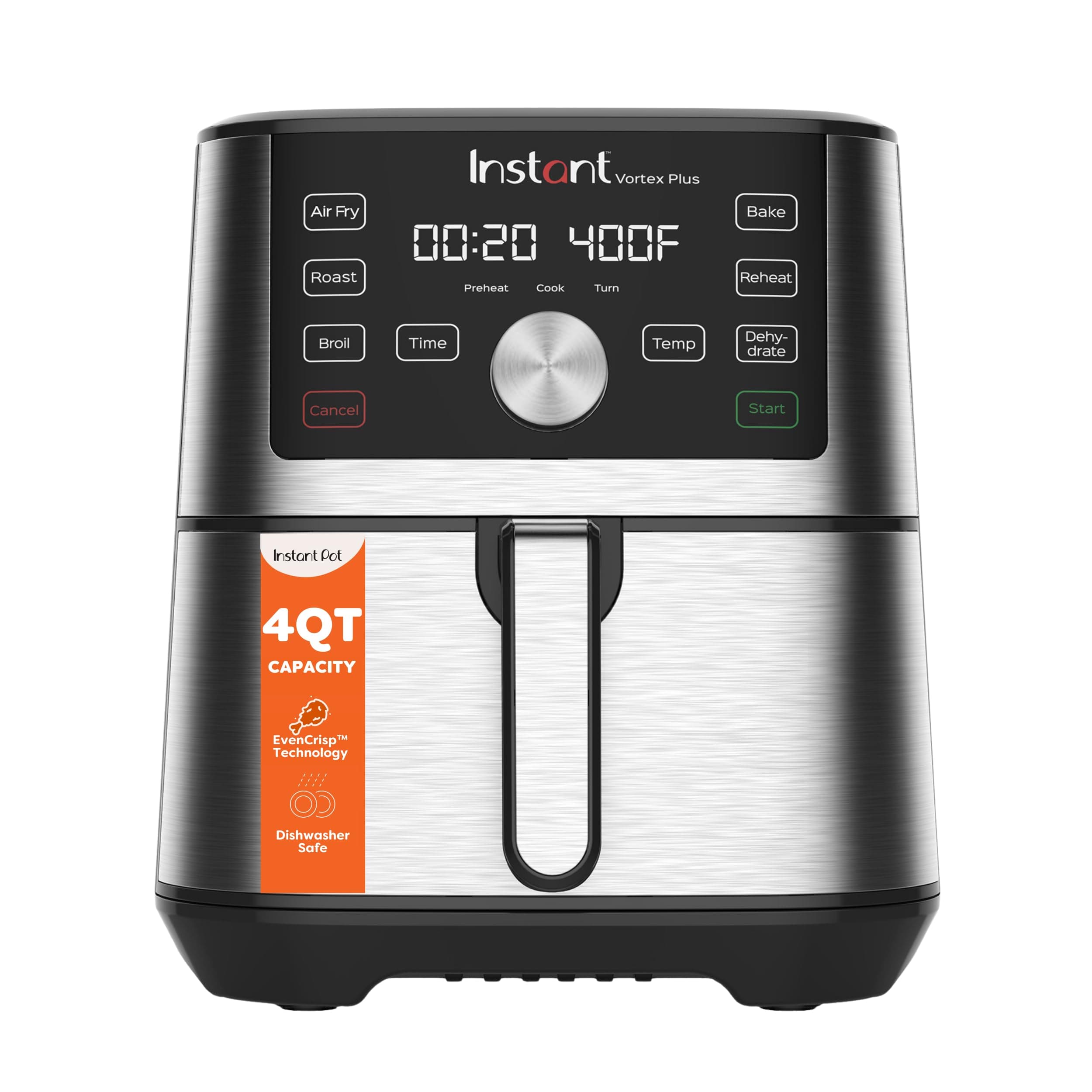 - 4QT Vortex Plus 6-in-1 Mini Air Fryer, Custom Program Options, Crisps, Broils, Roasts, Dehydrates, Bakes, Reheats, 100+ In-App Recipes, Stainless Steel,4 Quarts