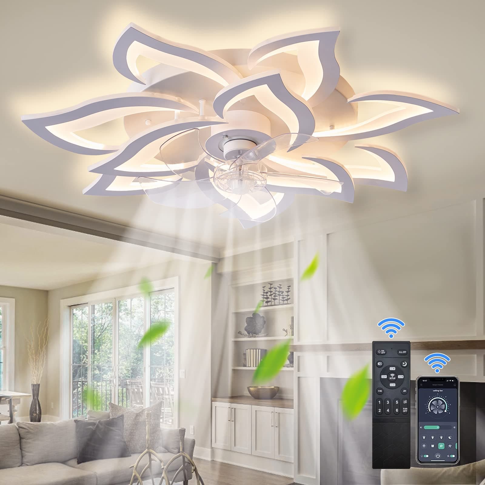 Ceiling Fan with Light,Modern Indoor Flush Mount Ceiling Fan with Dimmable LED Light and Remote Control 3 Color Temperatures 6 Gear Wind Speed for Kids Room Bedroom 100W 32in7in