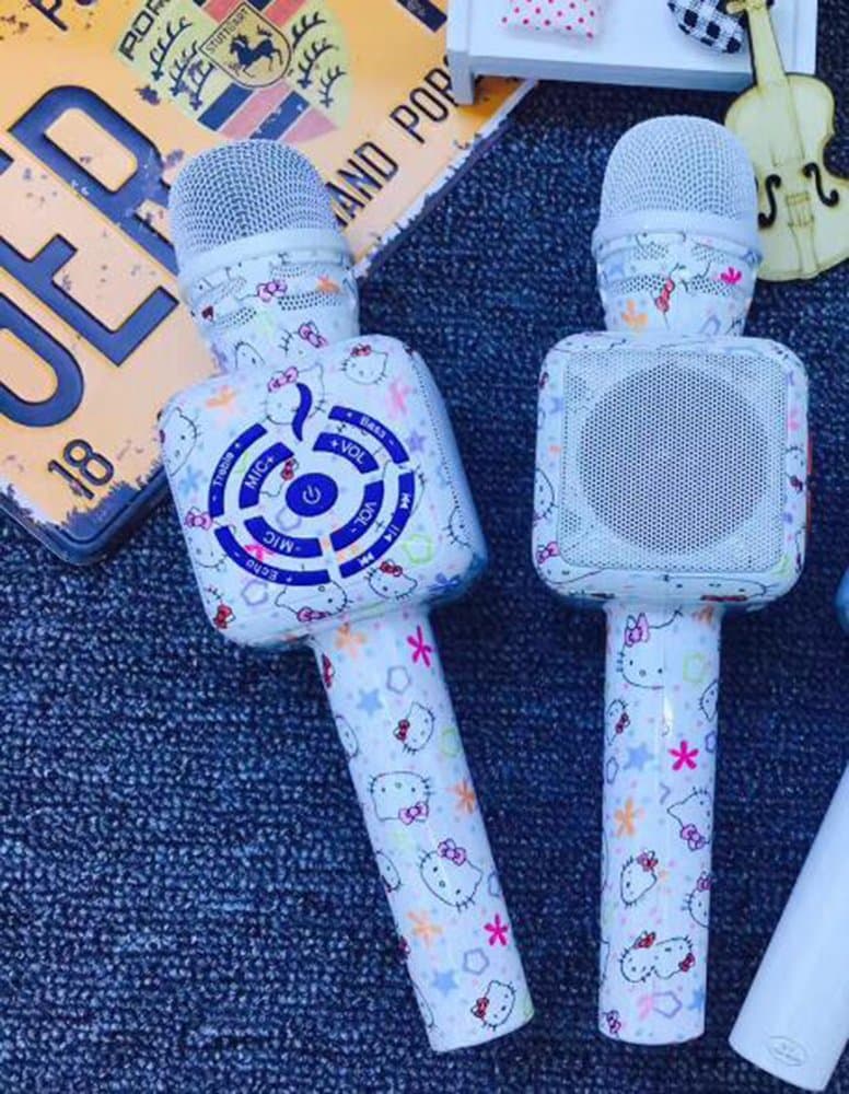CCLOON Hello Kitty Condenser Wirelss Bluetooth Microphone MIC with Noise Canceling Echo Effect Handheld Cellphone Karaoke Player Built-in Speaker MIC Machine for Home KTV