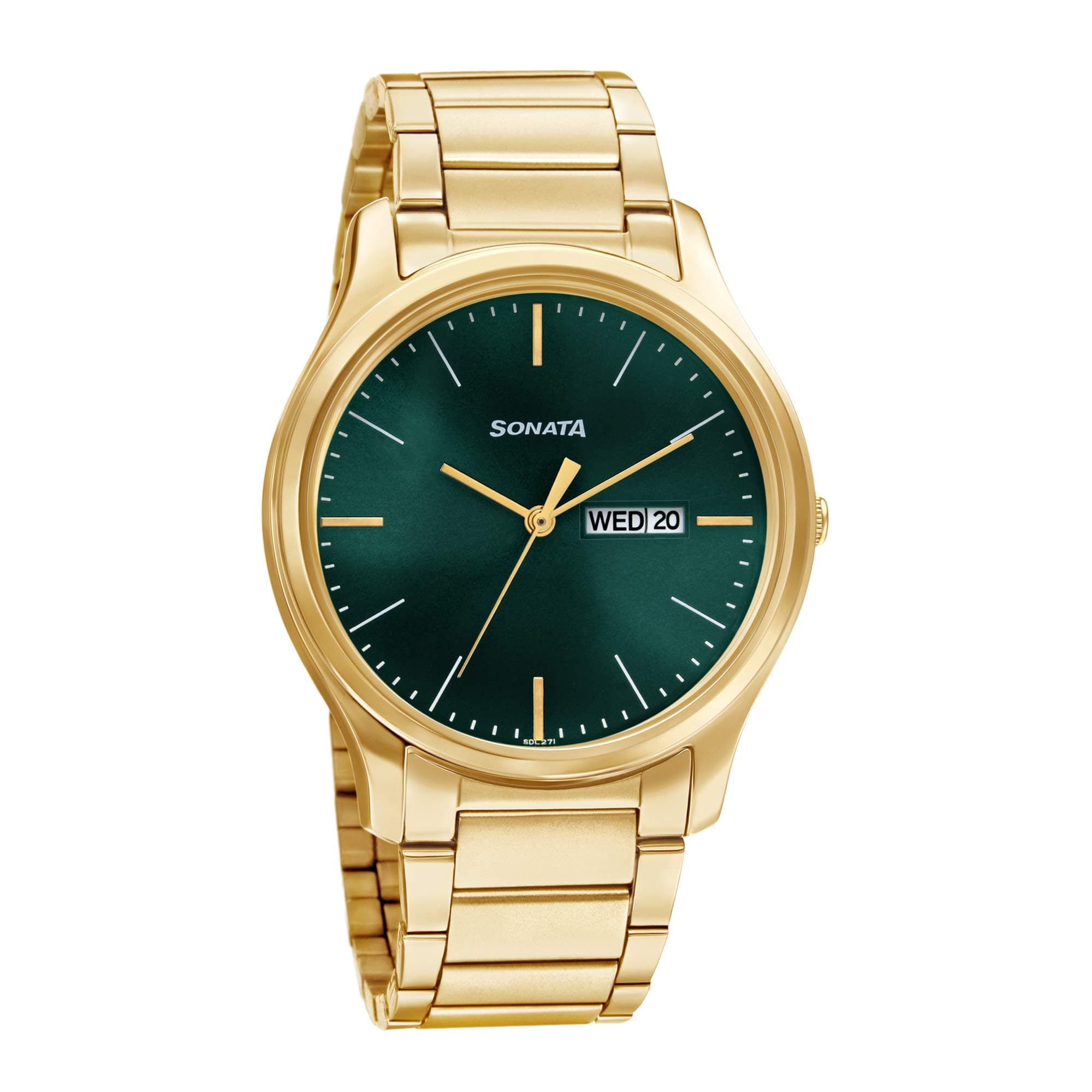 Essentials Quartz Analog with Day and Date Forest Green Dial Gold Stainless Steel Strap Watch for Men - NT77082YM05W
