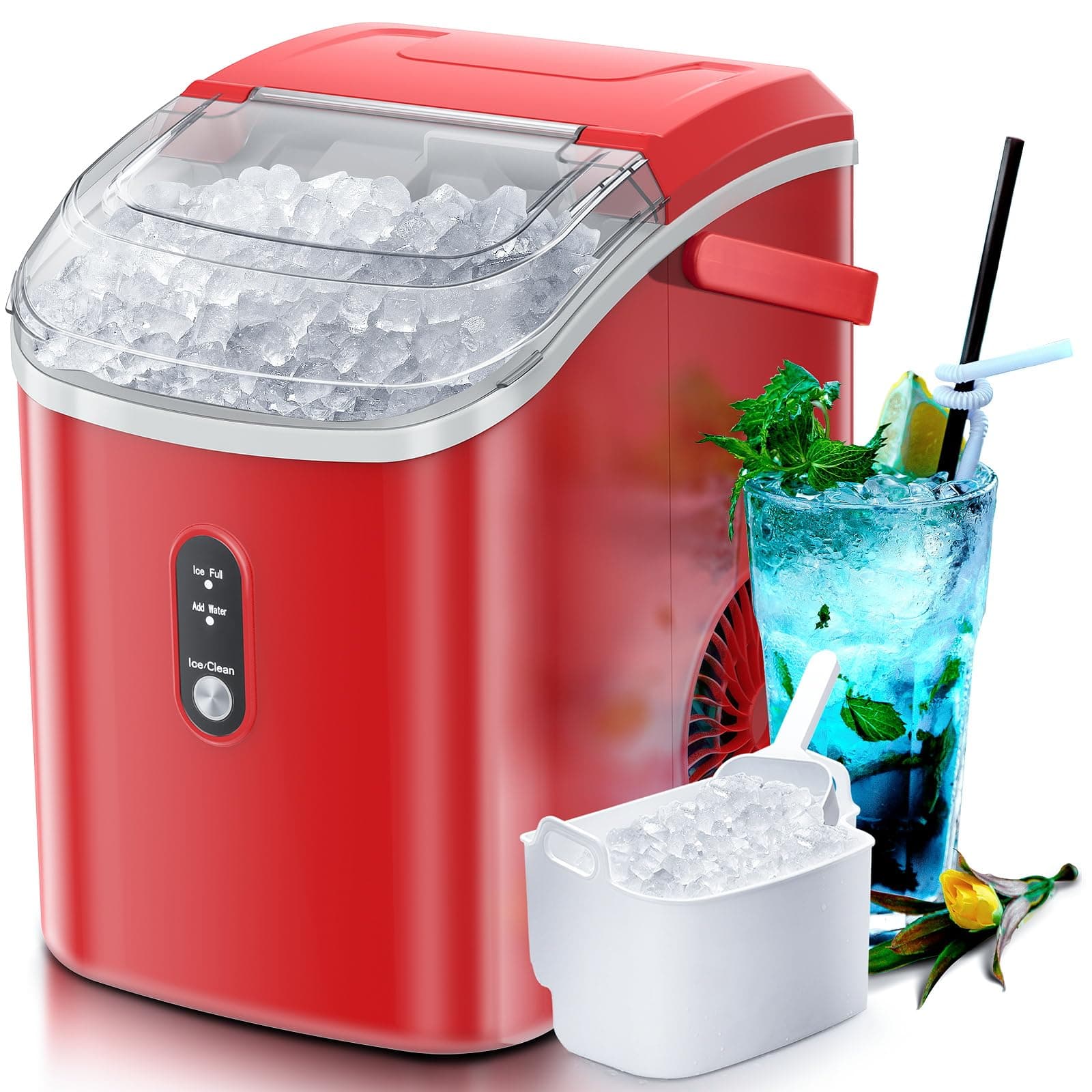 Nugget Countertop Ice Maker with Soft Chewable Ice, Automatic 34lbs in 24 Hours,Pebble Portable Ice Machine with Ice Scoop, Self-Cleaning, One-Click Operation, for Kitchen,Office Red