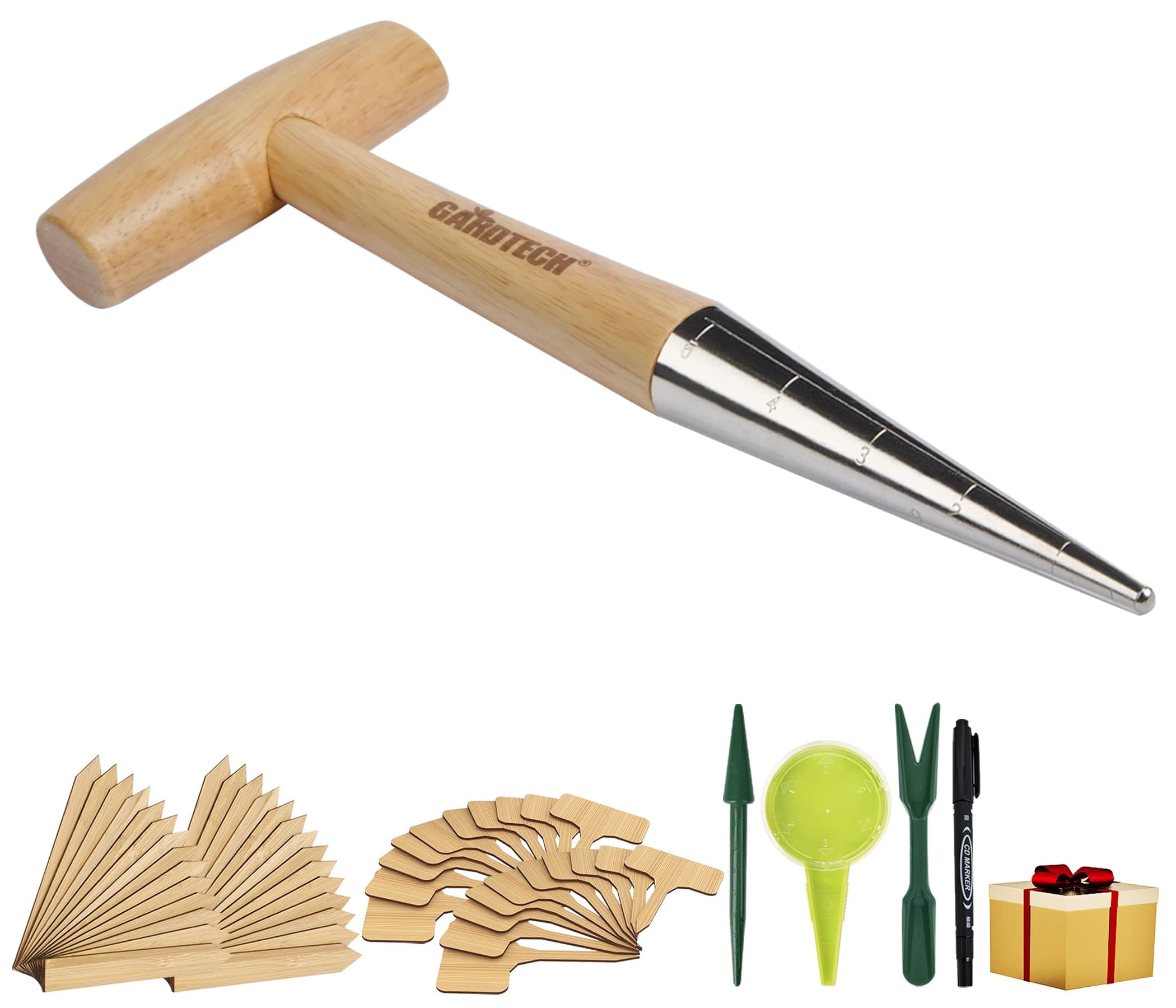 Gardtech Bulb Planter Tool, 4pcs Garden Tool Set, Includes Wood Handle Handheld Dibber Measurements Dibbler, Bamboo Plant Tags Labels, Seed Dispenser Kit, Mark Pen