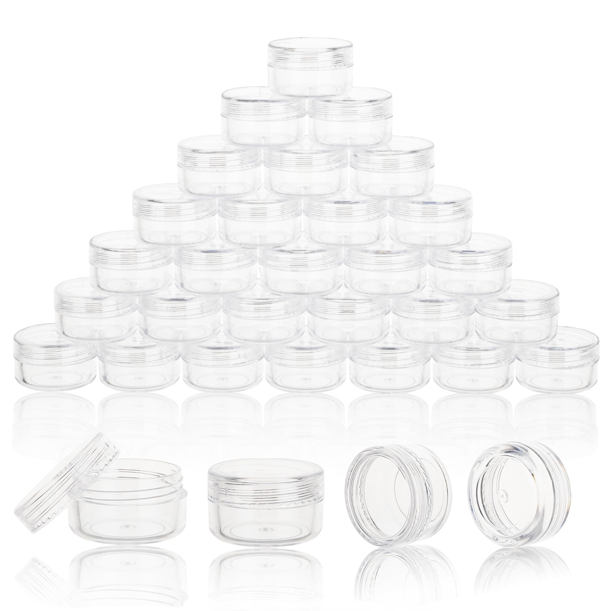 100 Count 3 Gram Sample Containers, Clear Lip Balm Containers with Lids, Small Plastic Sample Jars with 8 Mini Spoons, 100pcs Labels (Clear Lid)
