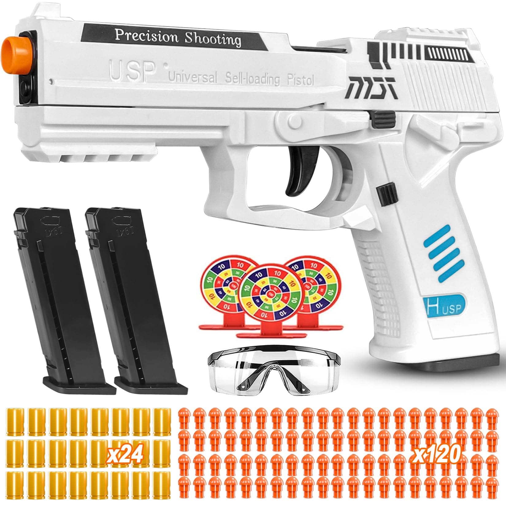Toy Gun with Automatic Reloading Rebound Shell Ejecting and Soft Foam Blaster, Ideal for Shooting Games, Education Model Toys, Gift for Kids Boys Girls, White