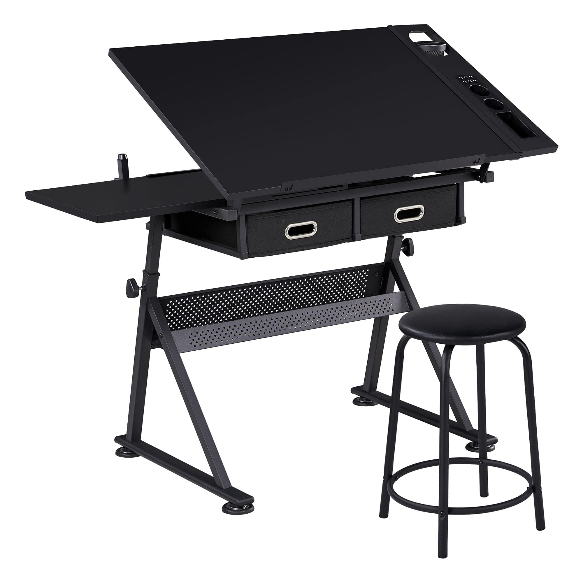 Adjustable Drafting Table, Tiltable Drawing Tabletop with Storage Drawers, Drawing Table Art/Craft Desk with Stool, 120.5x60x(69.5-92.5) cm