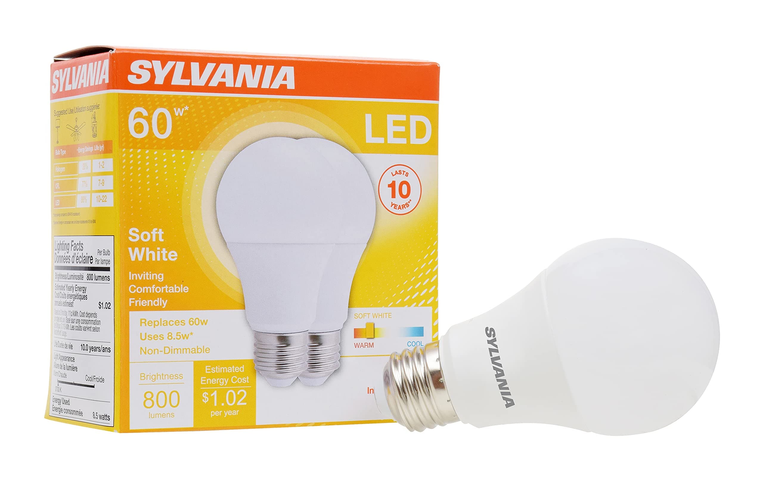 Sylvania LED Light Bulb, 60W Equivalent A19, Efficient 8.5W, Medium Base, Frosted Finish, 800 Lumens, Soft White - 2 Pack (73886)