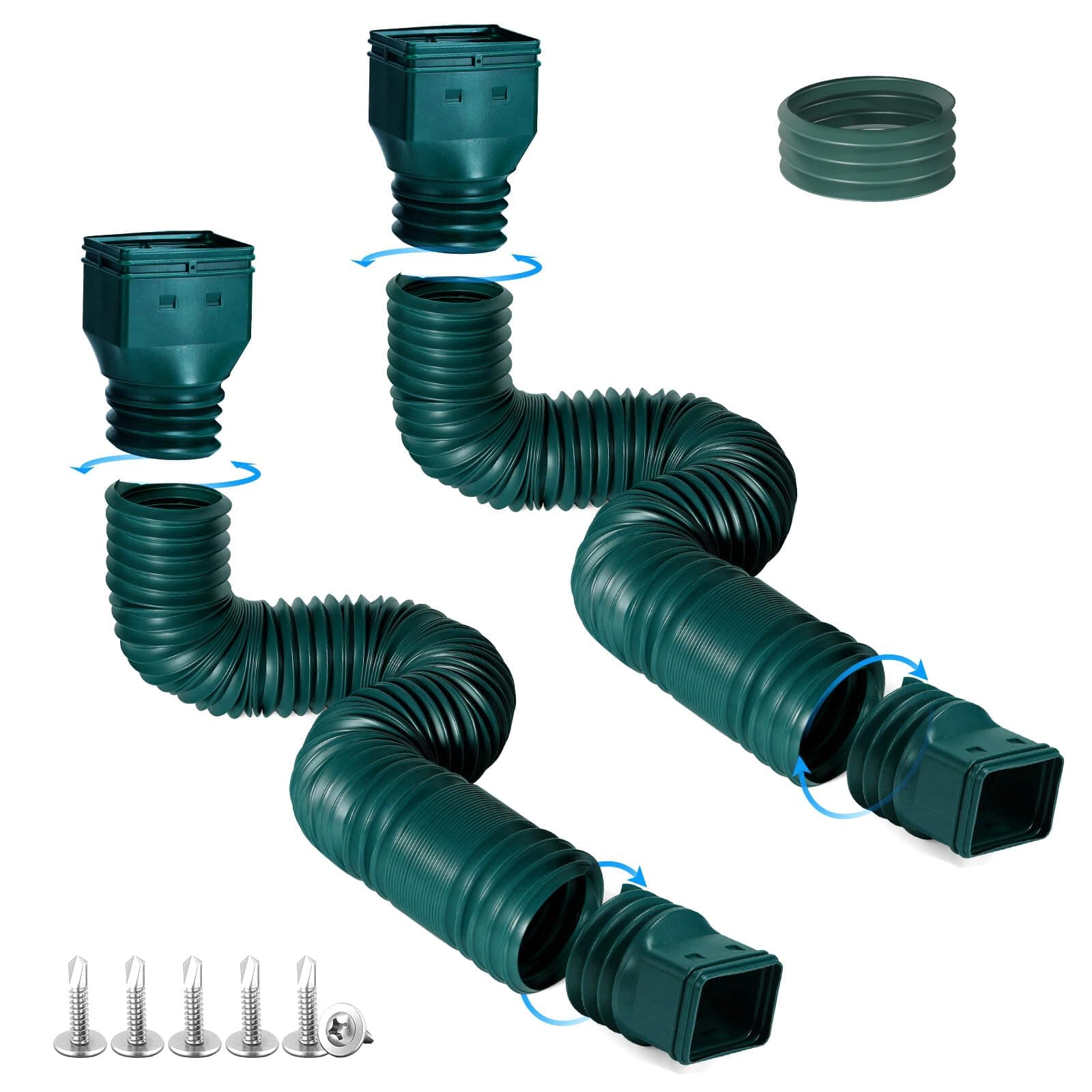 2 Pack Rain Gutter Downspout Extensions, Flexible Downspout Extender with 58"+68" Extendable Pipes for Rain Water Drainage, Durable Down Spout Drain Extension with Connector (Green)