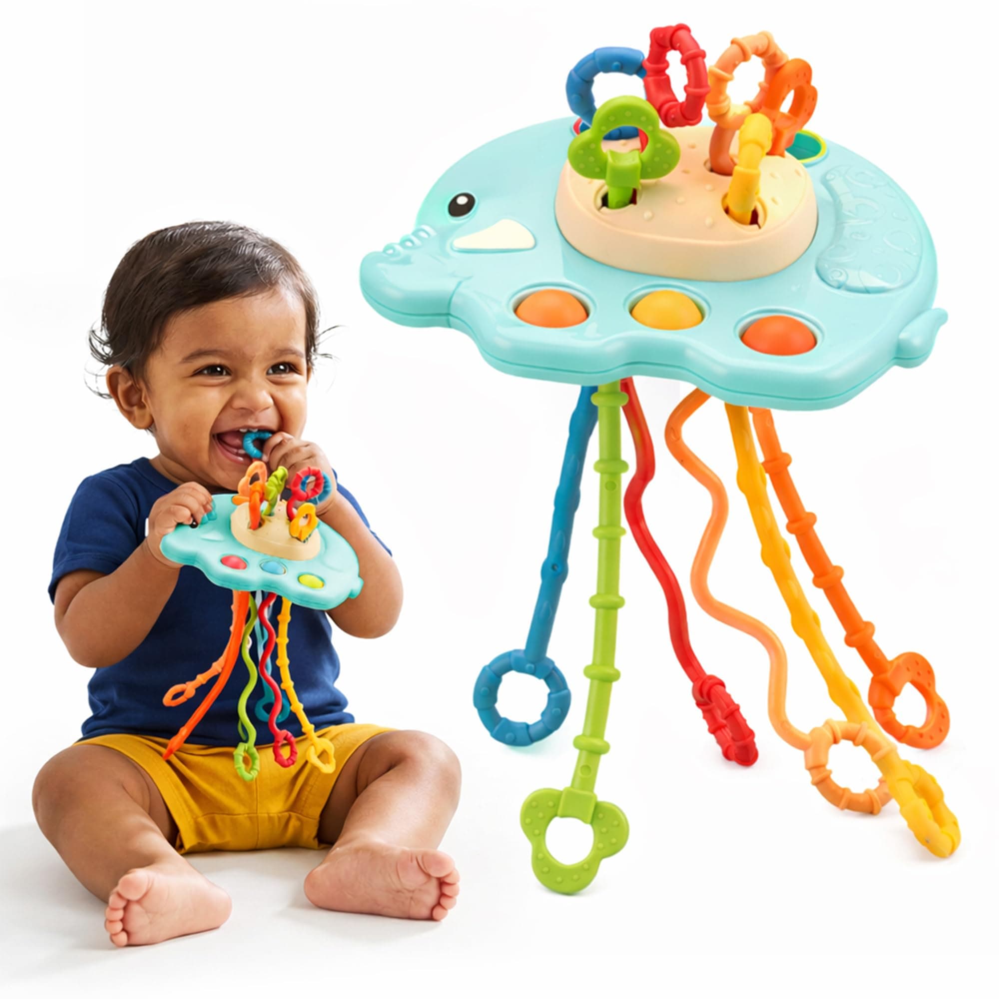 Pull String for Babies Teething Strings Sensory Montessori Toys Baby Girl,Travel Toy for 6+Months Boy Food Grade Silicone Fine Motor Skills Toy for Toddlers (Elephant Design 2)