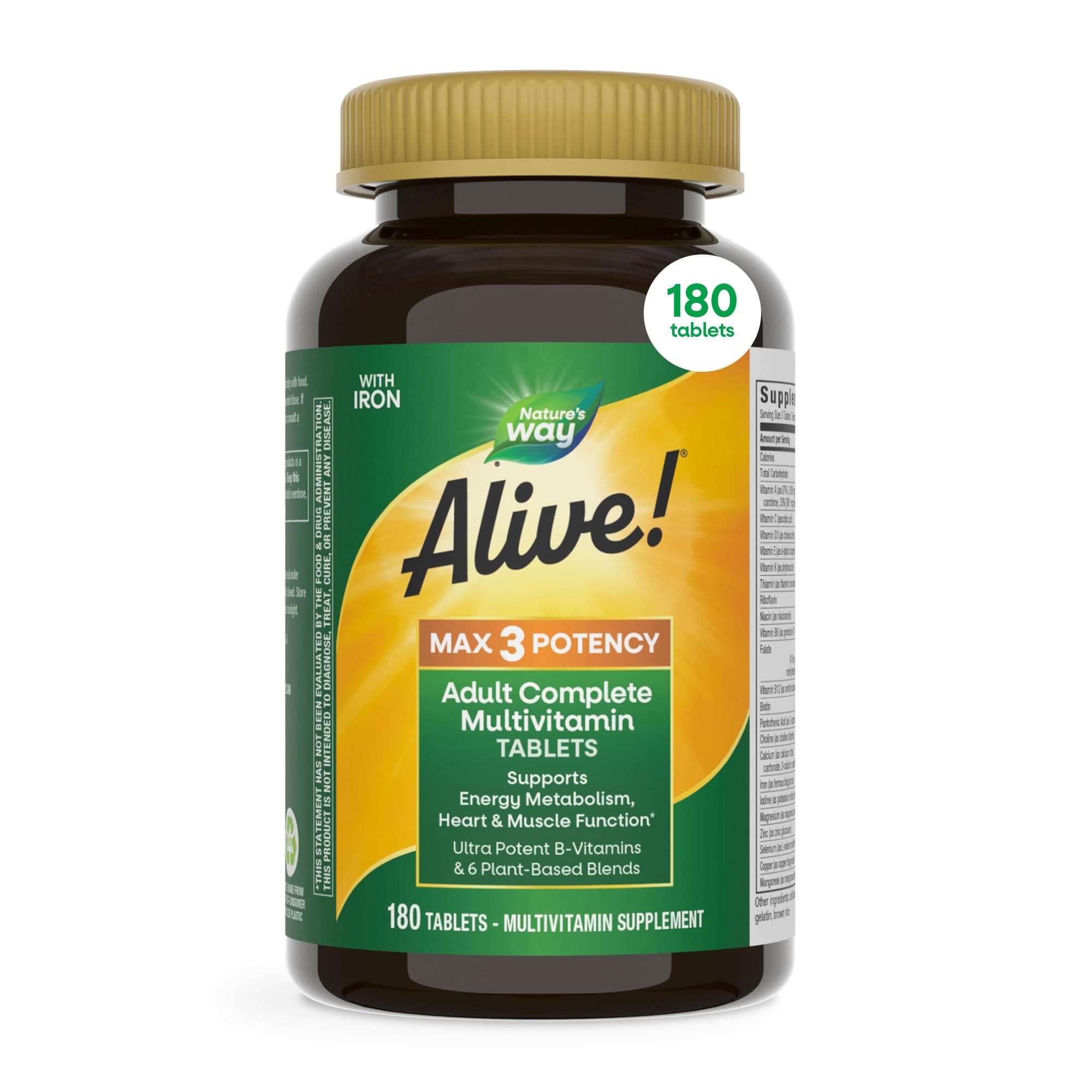 Alive! Max3 Potency Daily Multivitamin, Methylated B12 and Folate, Ultra Potency B-vitamins to Support Energy Metabolism*, 180 Tablets
