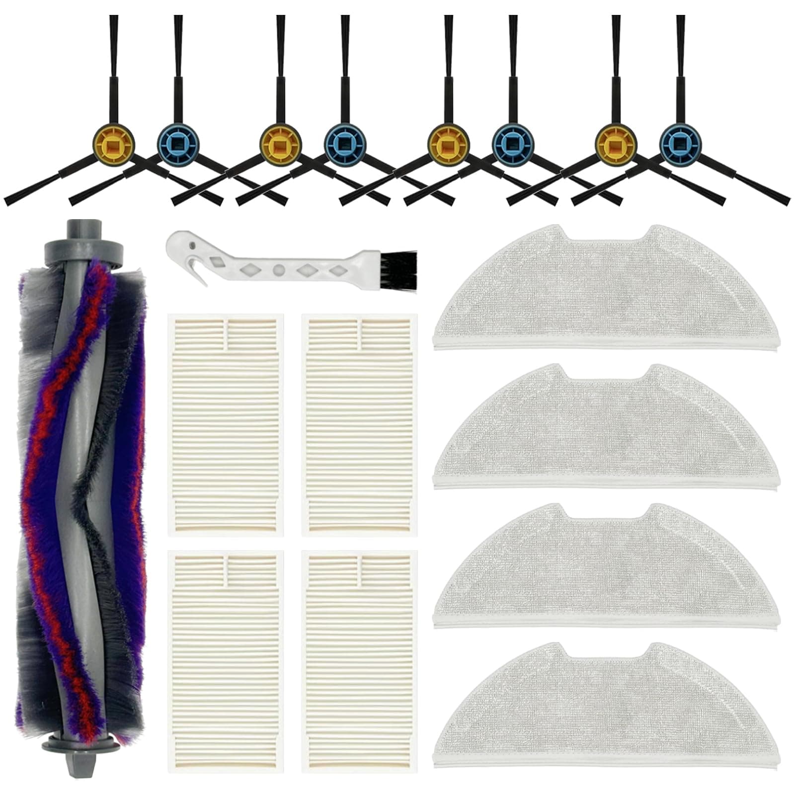 Accessories Kit Replacement For Eureka E10s Robot Vacuum Cleaner, 1 Pack Main brush, 4 Pack Filters, 4 Pack Mop, 8 Side Brushes and 1 Pack Cleaning Brush.