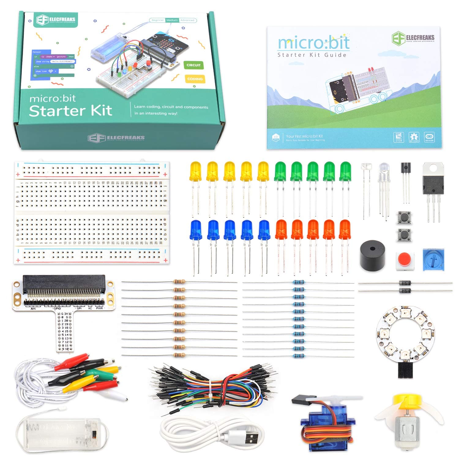 ELECFREAKS microbit Starter Kit for Kid 24 Accessories Micro:bit Basic Coding Electronics Kit, STEM Educational DIY Experiment Kit, Electric Circuit Learning with Guidance Manual(Without Micro: bit)