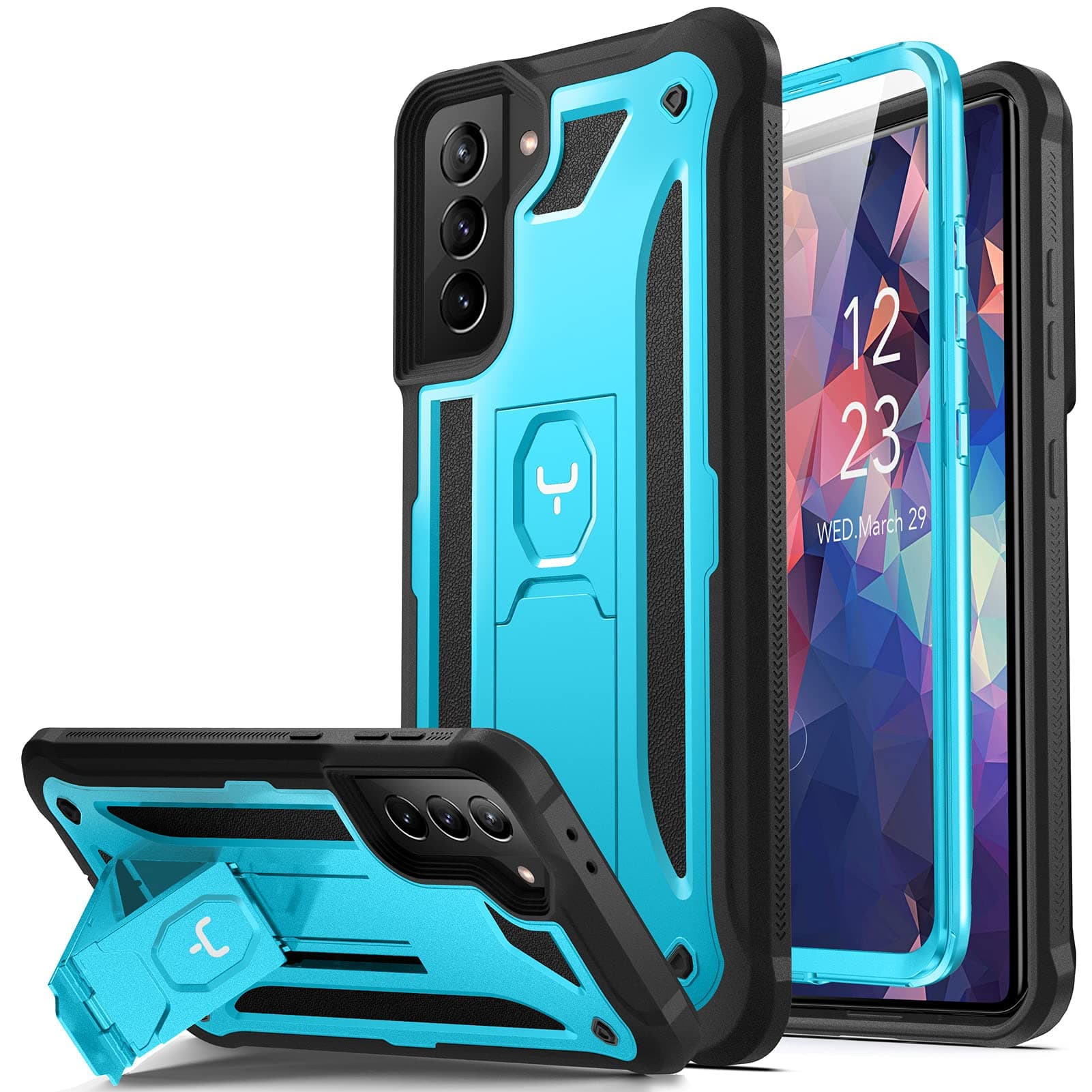 YOUMAKER Compatible with Galaxy S21 Plus Case, Built-in Screen Protector Work with Fingerprint ID, Kickstand Full Body Shockproof Rugged Cover for Samsung Galaxy S21 Plus 6.7 inch-Blue