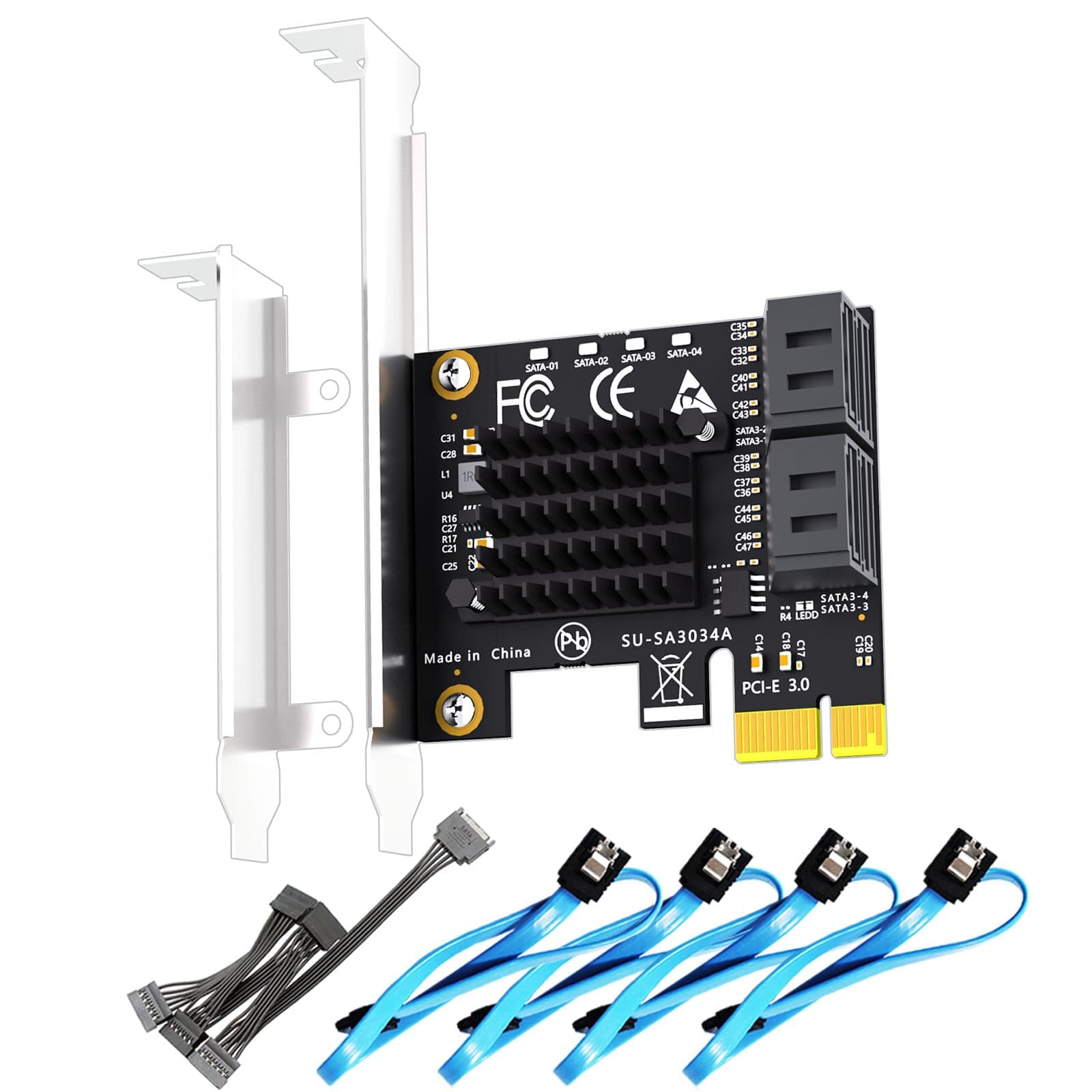 SA3034A 4 Ports PCIe SATA 3.0 Expansion Card, Support OS Booting, Including SATA Cables and 1:5 SATA Splitter Power Cable, Compatible with Windows, Linux, Mac OS, NAS