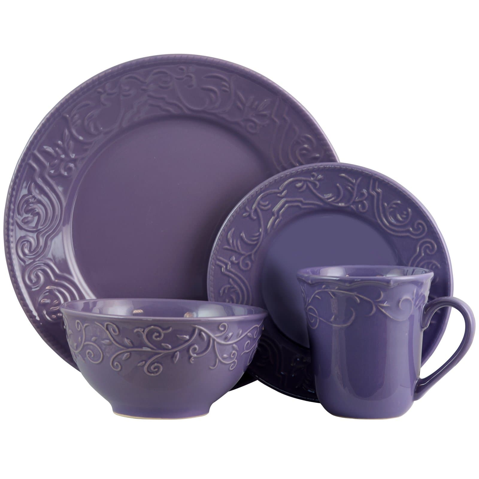 Elama Embossed Stoneware Elegant Round Dinnerware Dish Set, 16 Piece Set, Lilac Purple
