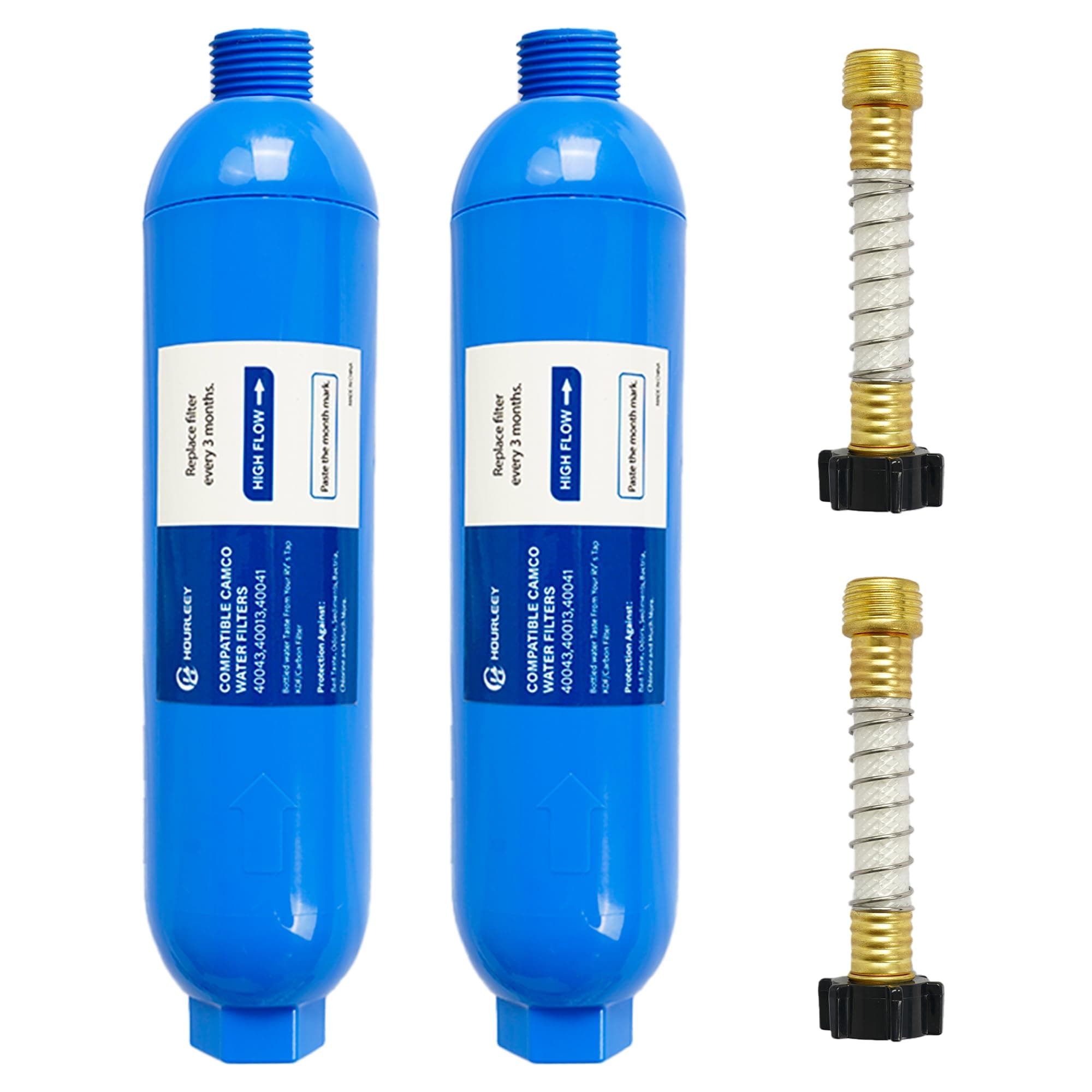 2 Pack RV Inline Water Filter with 2 Flexible Hose Protector, Reduce Bad Taste, Odors, Rust, Fluoride, Chlorine and Sediment in Drinking Water, Dedicated for RVs Campers Marines