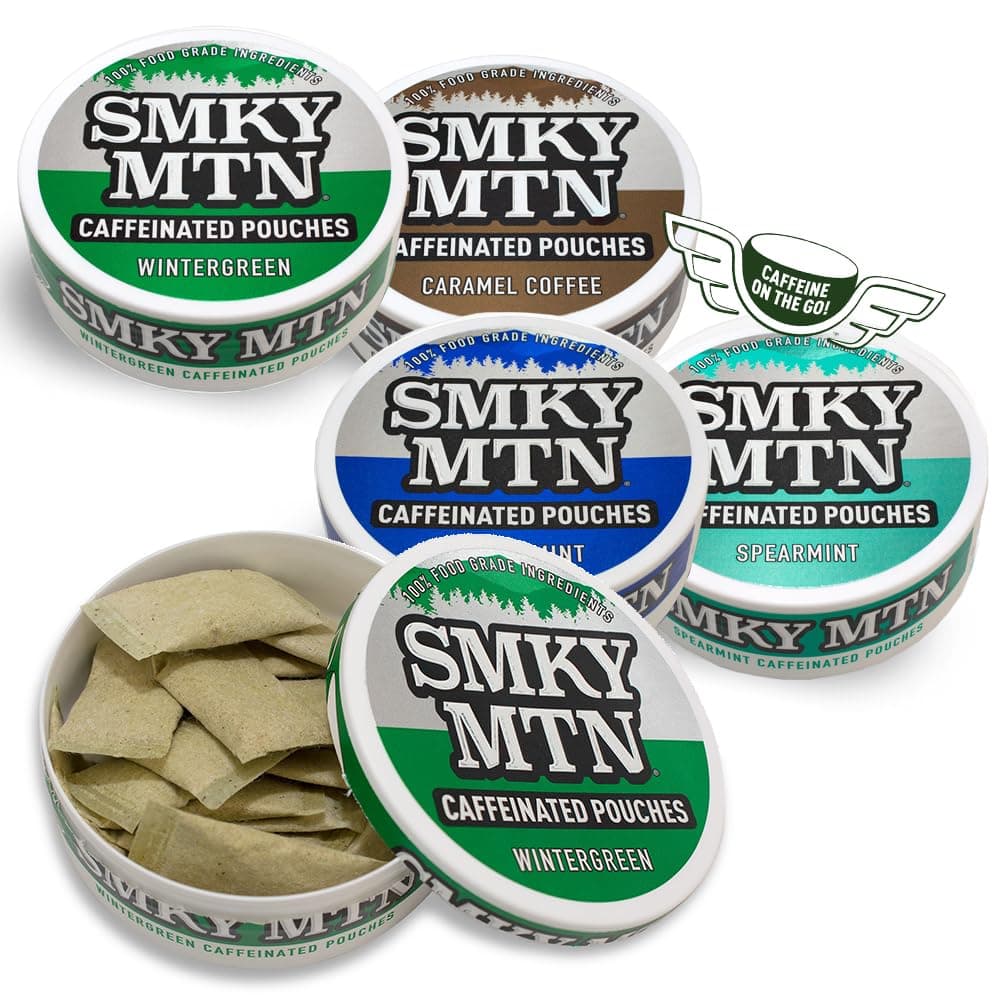 Smokey Mountain Caffeinated Pouches - 5 Can Sampler Pack - 2 Wintergreen, 1 Arctic Mint, 1 Spearmint, 1 Coffee - 15 Pouches Each