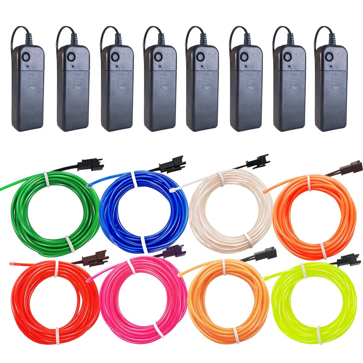 El Wire 8 Pack, 9ft Neon Light with Battery Pack (Red, Blue, Pink, Green, White, Lime Green, Yellow, Orange) for Halloween Decorations DIY Costume
