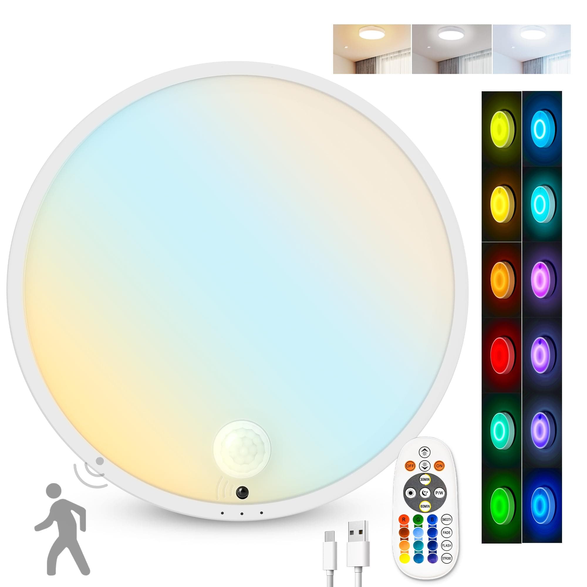 CLAKAP Motion Sensor Ceiling Light, Rechargeable Battery Powered Ceiling Light with 15 Color Temperatures, Motion Activated Closet Light with Magnetic Base for Shower Stairs Hallway Porch Garage Shed
