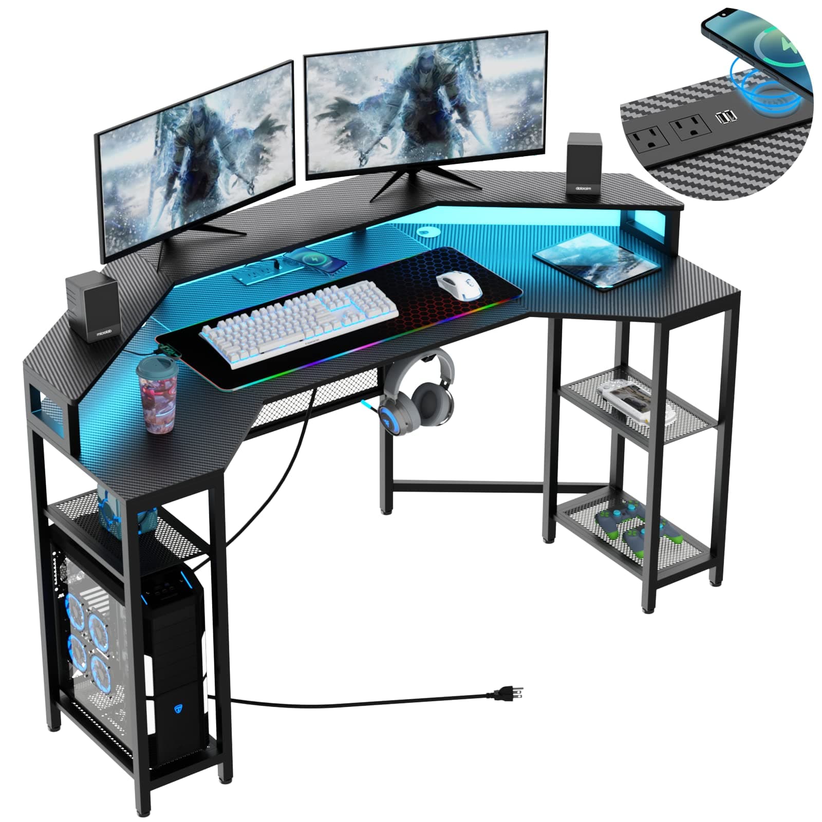 63" Computer Desk with Power Outlet & LED Light, Wing-Shaped Gaming Desk with Shelves, Full Monitor Stand,Wireless Charging,RGB Mouse Pad,Headphone Hook, Home Office Desk (Black)