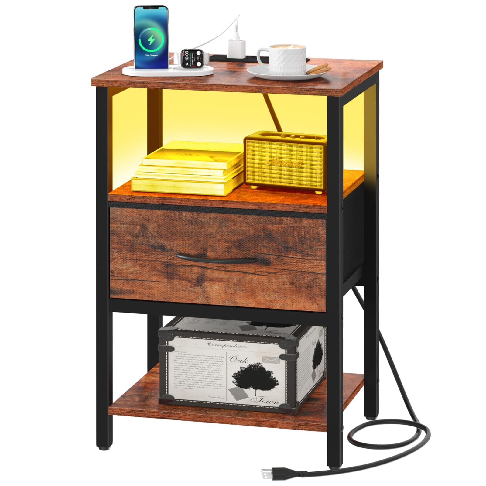 Yoobure Side Table with Storage, LED Night Stand with Charging Station, End Tables Living Room, Nightstand for Bedroom with Adjustable Fabric Drawer, 3-Tier Wood Bedside Table, Berry Brown
