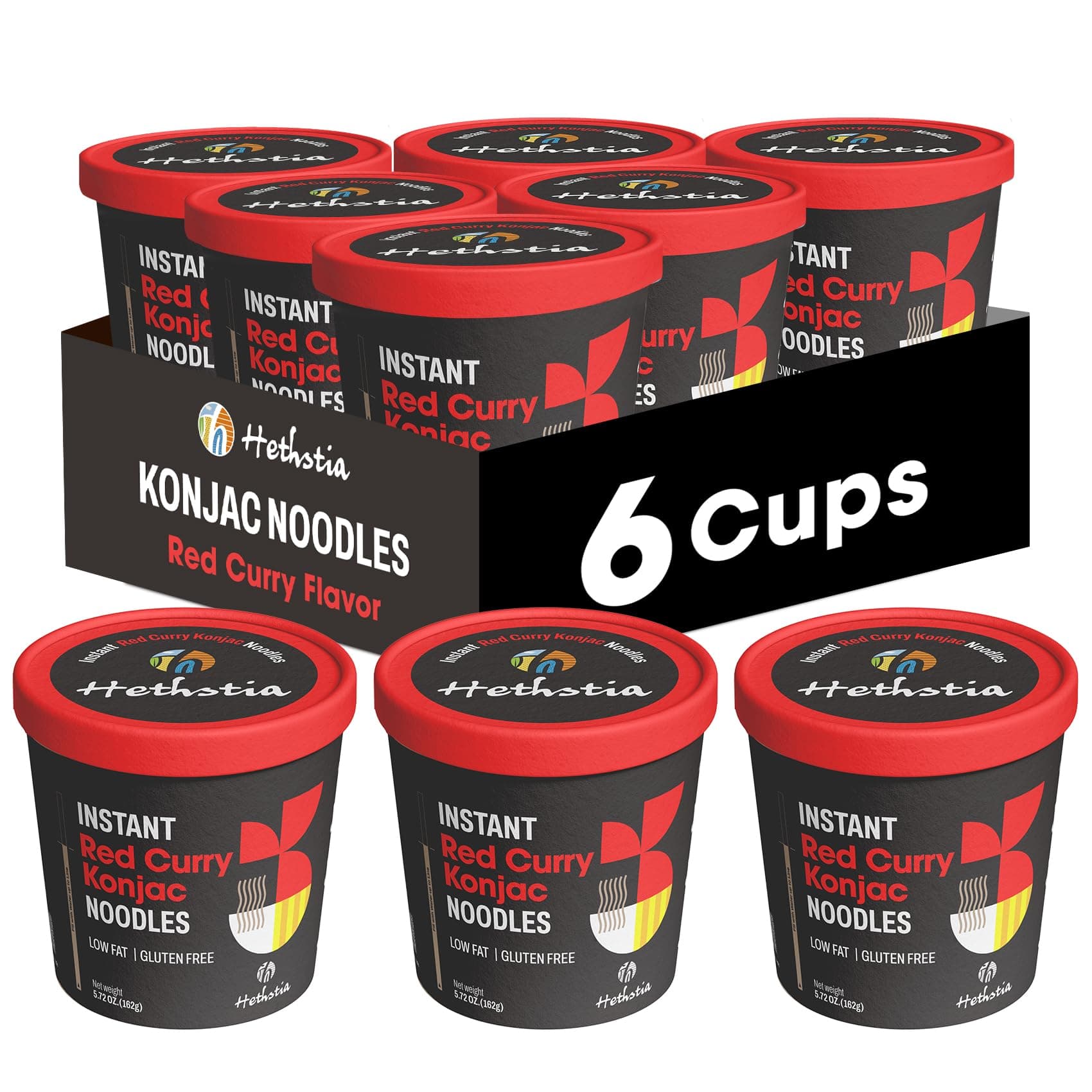 Hethstia Konjac Noodles Red Curry Soup Cups – 6-Pack Shirataki Angel Hair Pasta, Low Carb (4g), Instant Konjac Spicy Red Curry Broth, Gluten-Free, Low Sugar, Low Fat, Healthy Asian Ramen