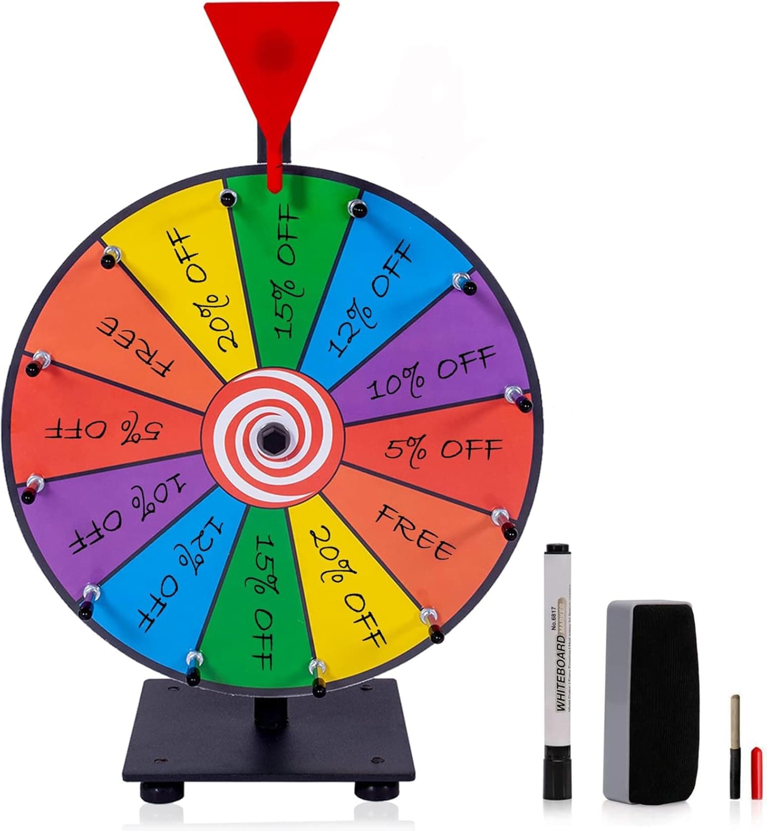 12 Inch Heavy Duty Spinning Prize Wheel with Iron Base Stand, 12 Slots Tabletop Spin Wheel Spinner with Dry Erase Markers and Eraser for Classroom Trade Show Carnival Party Games