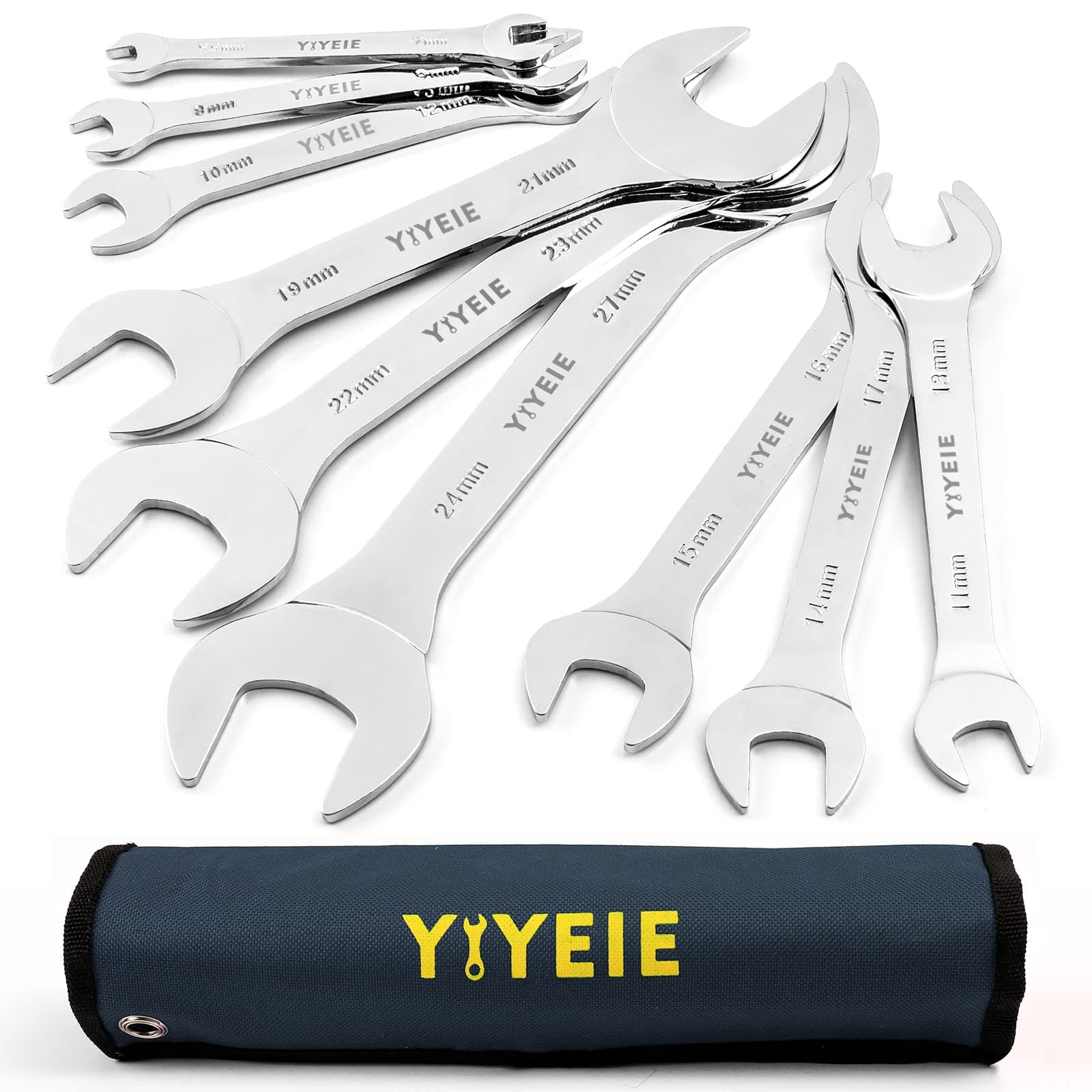 YIYEIE 9Pc. Super-Thin Open End Wrench Set, Metric 5.5, 7, 8, 9, 10, 11, 12, 13, 14, 15, 16, 17, 19, 21, 22, 23, 24, 27 mm, CR-V Steel, Ultra-Slim Flat Wrench Set with Roll-up Pouch