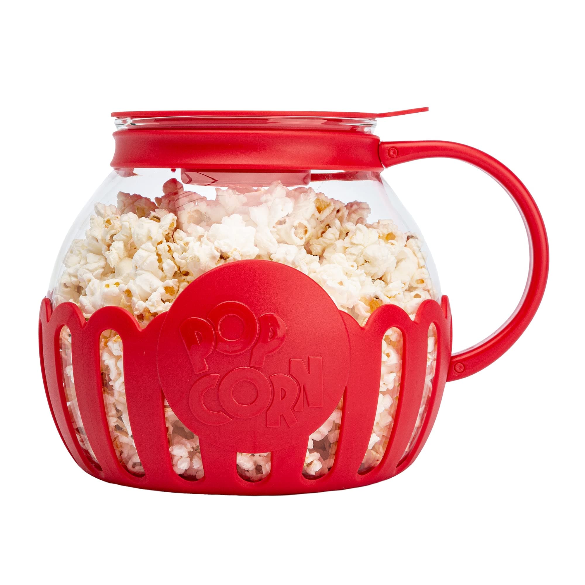 Patented Micro-Pop Microwave Popcorn Popper with Temperature Safe Glass, 3-in-1 Lid Measures Kernels and Melts Butter, Made Without BPA, Dishwasher Safe, 3-Quart, Red