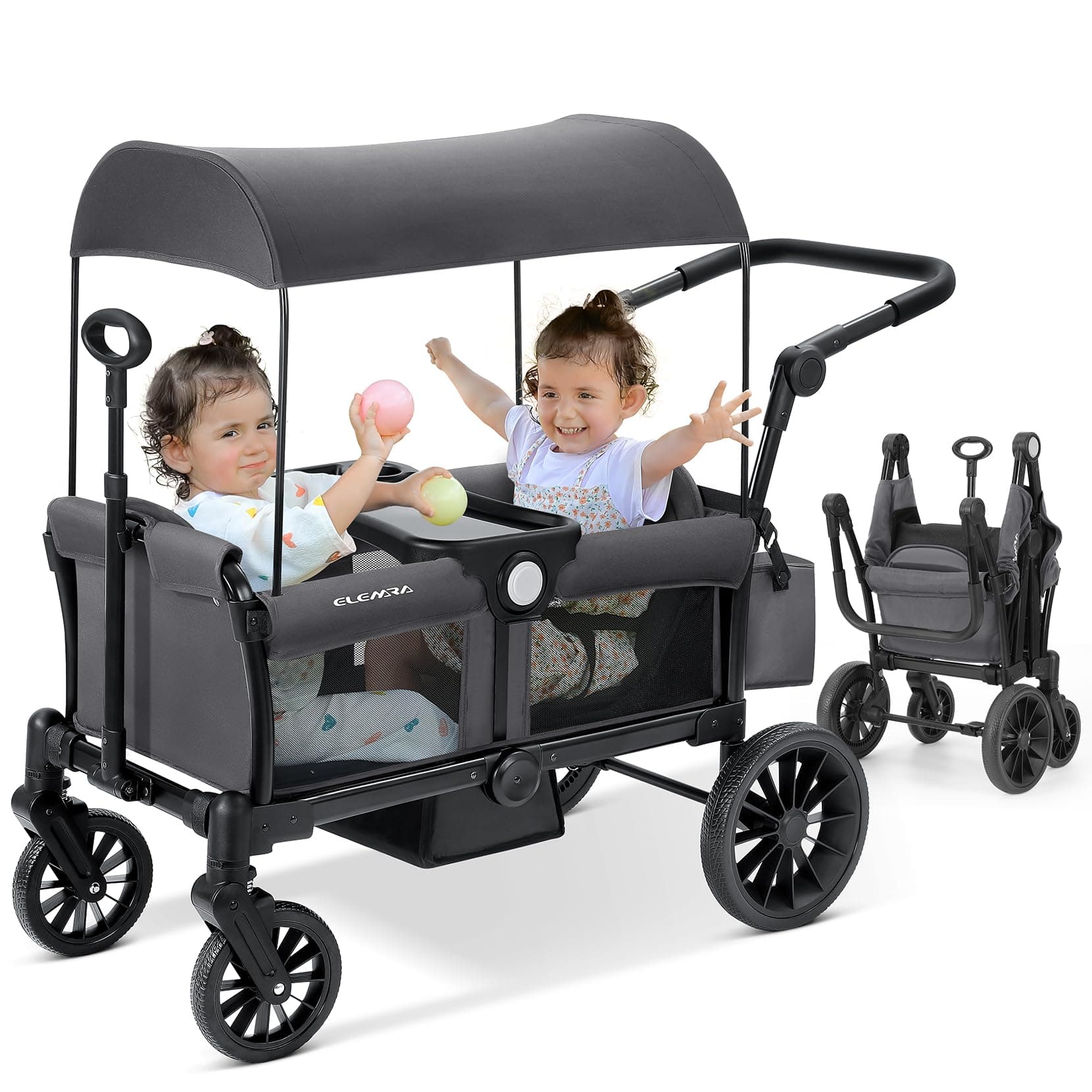 ELEMARA Stroller Wagon, 2 Seat Stroller for 2 Kids, Premium All Terrain Stroller for Kids w/Removable Canopy, Adjustable Push/Pull Handle, Large Storage Bag, Gray