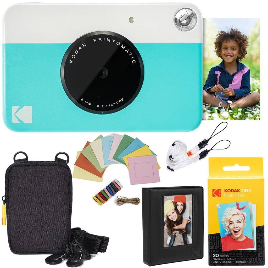 Printomatic Instant Camera Bundle (Blue) Zink Paper (20 Sheets) - Case - Photo Album - Hanging Frames.