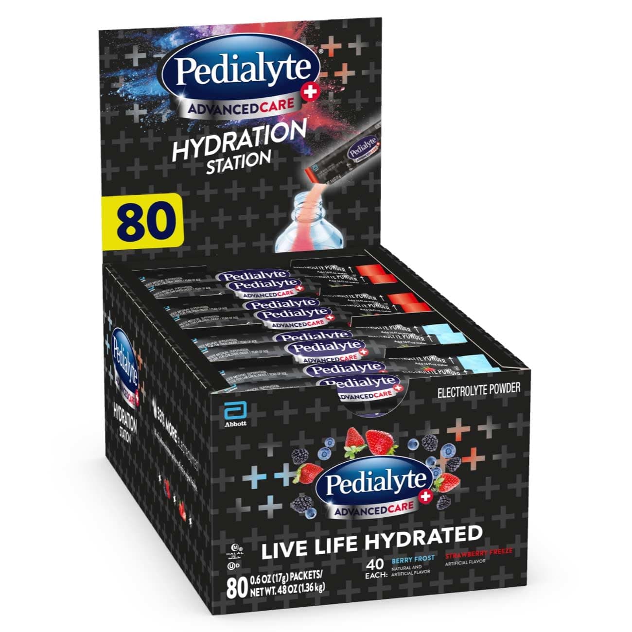 Pedialyte AdvancedCare Plus Hydration Station Multipack, Electrolyte Hydration Drink, 0.6-oz Electrolyte Powder Packets, 80 Count