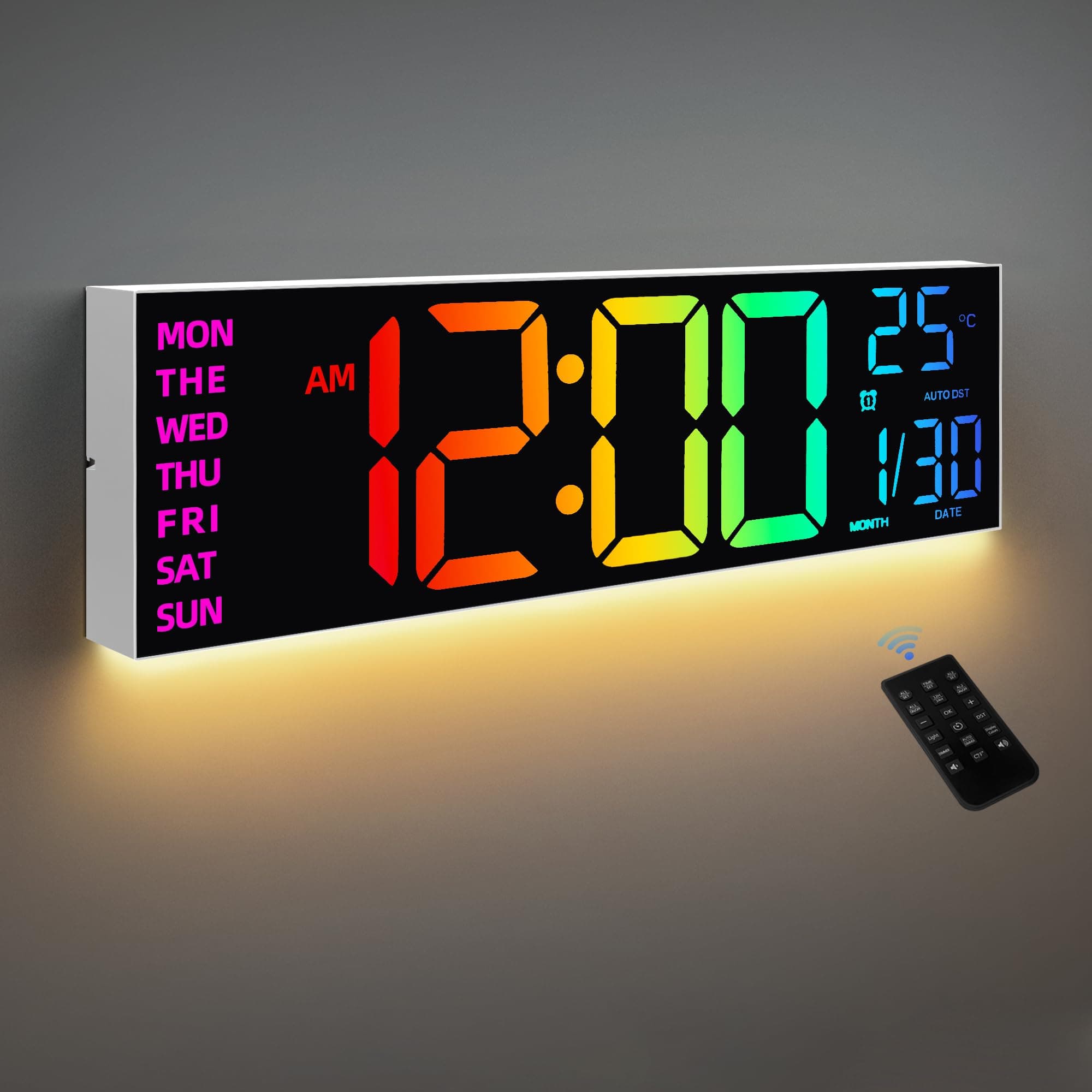 8 Colors Digital Wall Clock, 16.2" Large Digital Clock with Temperature, Date, Auto DST, Night Light, Auto Brightness Dimmer, 24/12-hour Wall Clock for Living Room Office Classroom Gym