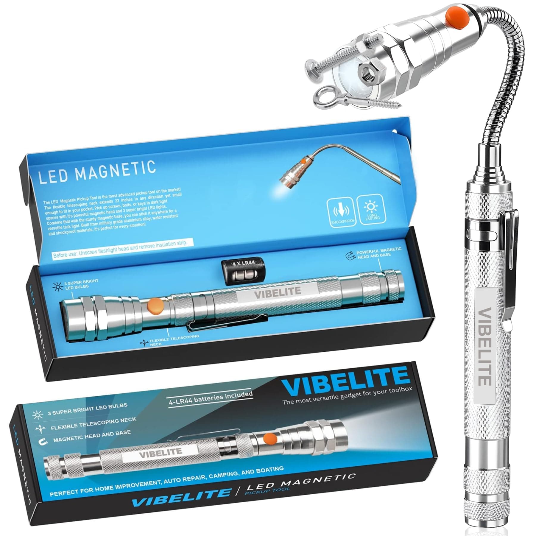 Extendable Magnetic Flashlight with Telescoping Magnet Pickup Tool-Cool Gadgets Gifts Idea & Gifts for Men,Husband,Dad,Father,Mechanic,Tech,Handyman,Him Women, Silve