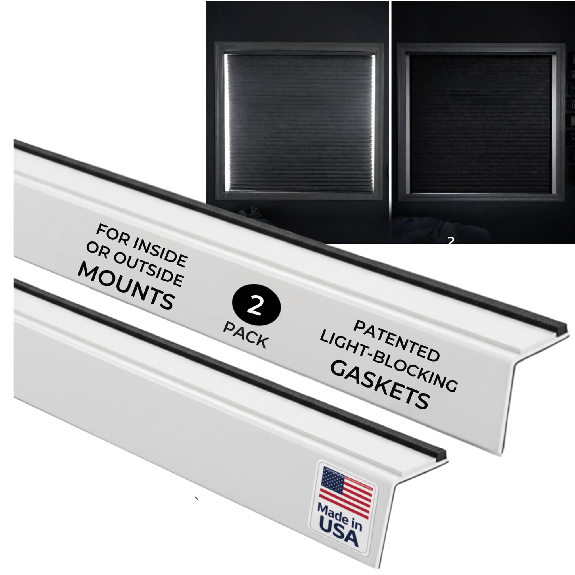 Light Blocking Strips – White 60" Permanent 2pc – Window Light Blocker for Window Roller & Cellular Shades – Side Light Blocker for Bedrooms, Nurseries & Media Rooms