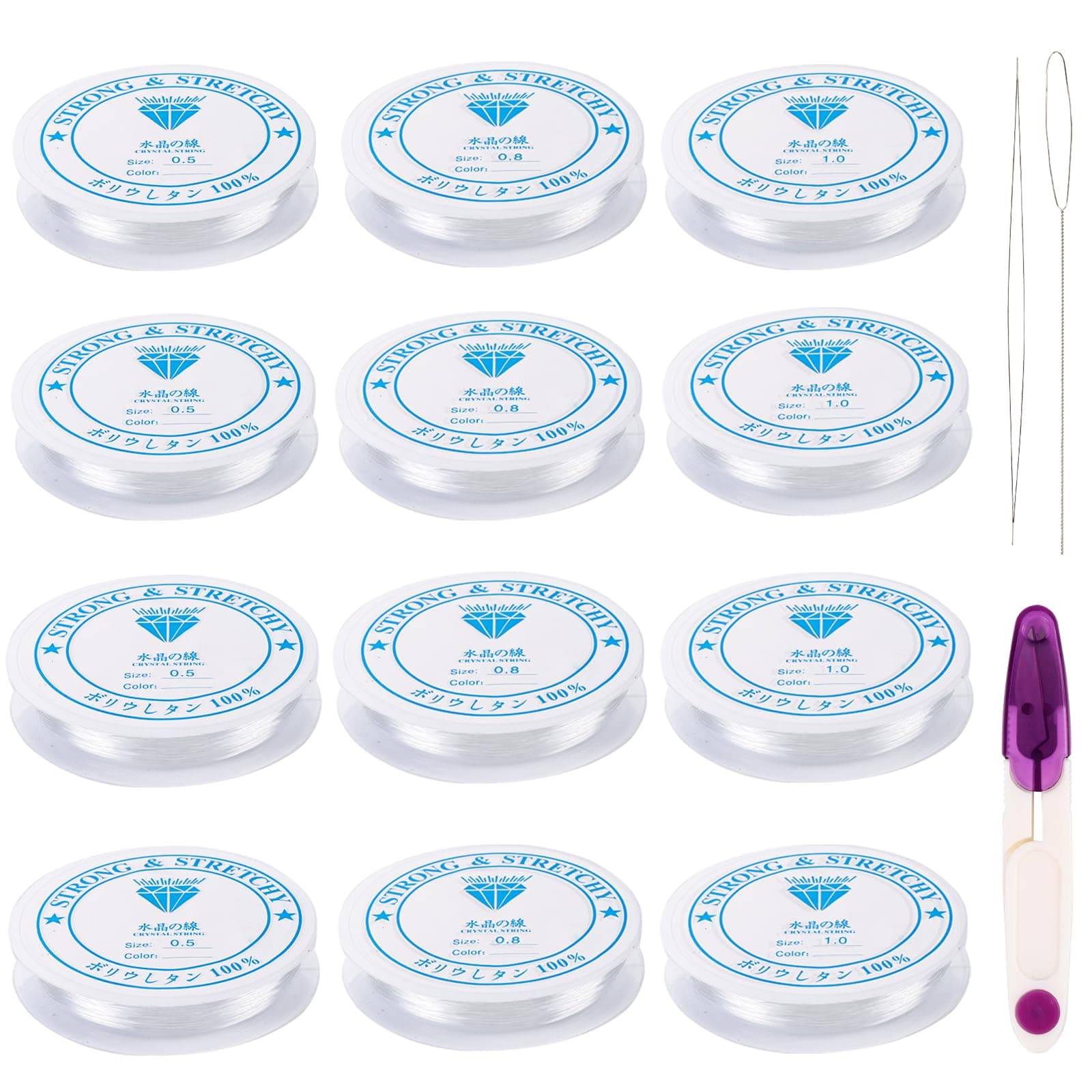 JOISHOP 12 Rolls Elastic String for Bracelet Making, 0.5mm, 0.8mm, 1.0mm Clear Bracelet Elastic Bead String for Bracelets Necklaces Jewellery Making