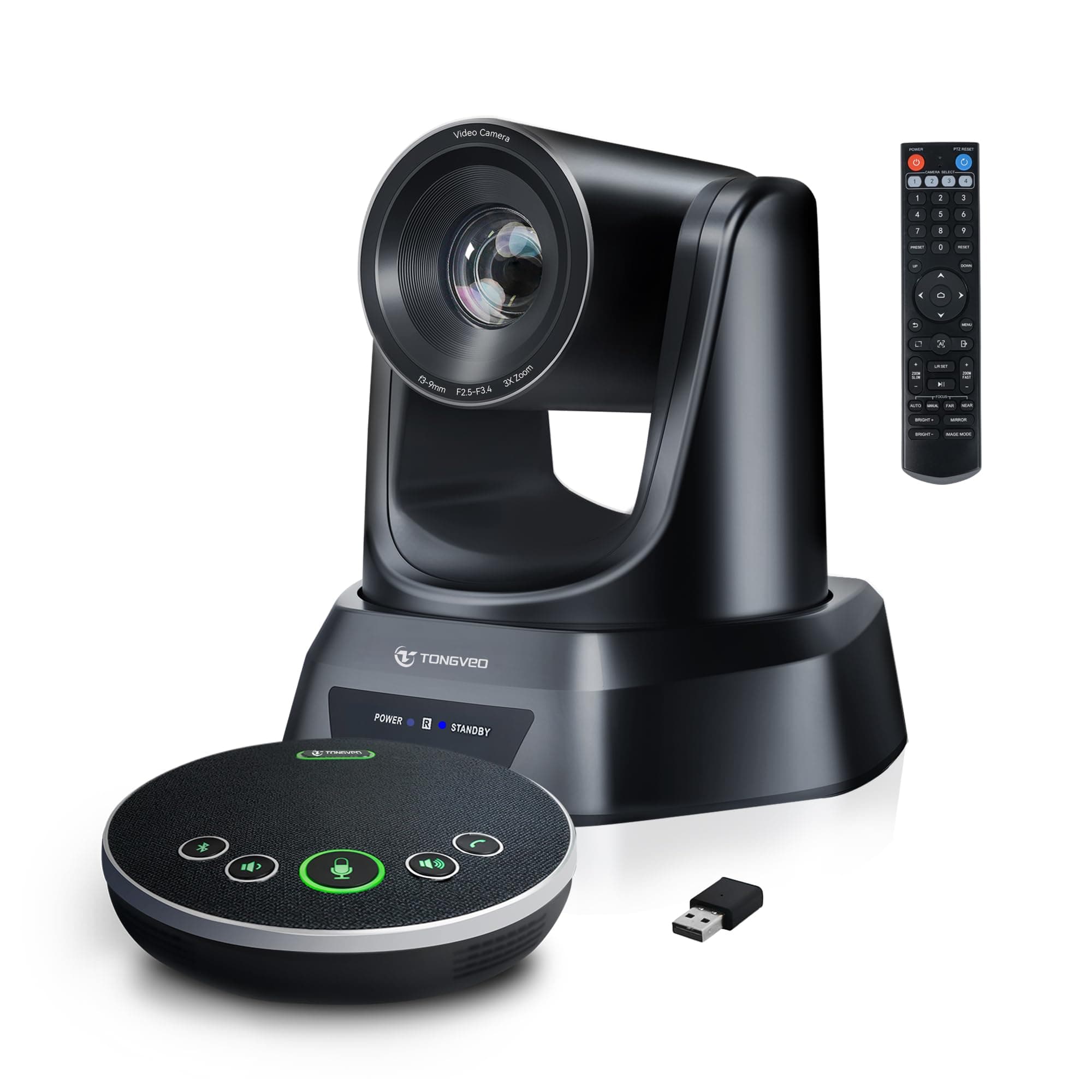 TONGVEO AI PTZ Auto-Tracking Camera with Bluetooth Microphone, 3X Optical Zoom 1080P 60fps All-in-One Video Conference System, 93° Wide Angle Webcam for Church Live Streaming Office