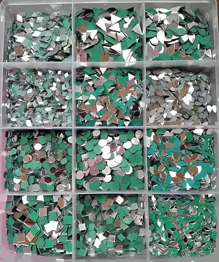 Generic 12 Shape Mirror Kit for Craft Mirror Work, Lippan Art, Jewellery Work,(Total 1200+Pcs Mirror, Each Shape Have 100+Pcs)+ 1 Glue Cone Free, Multicolor, green