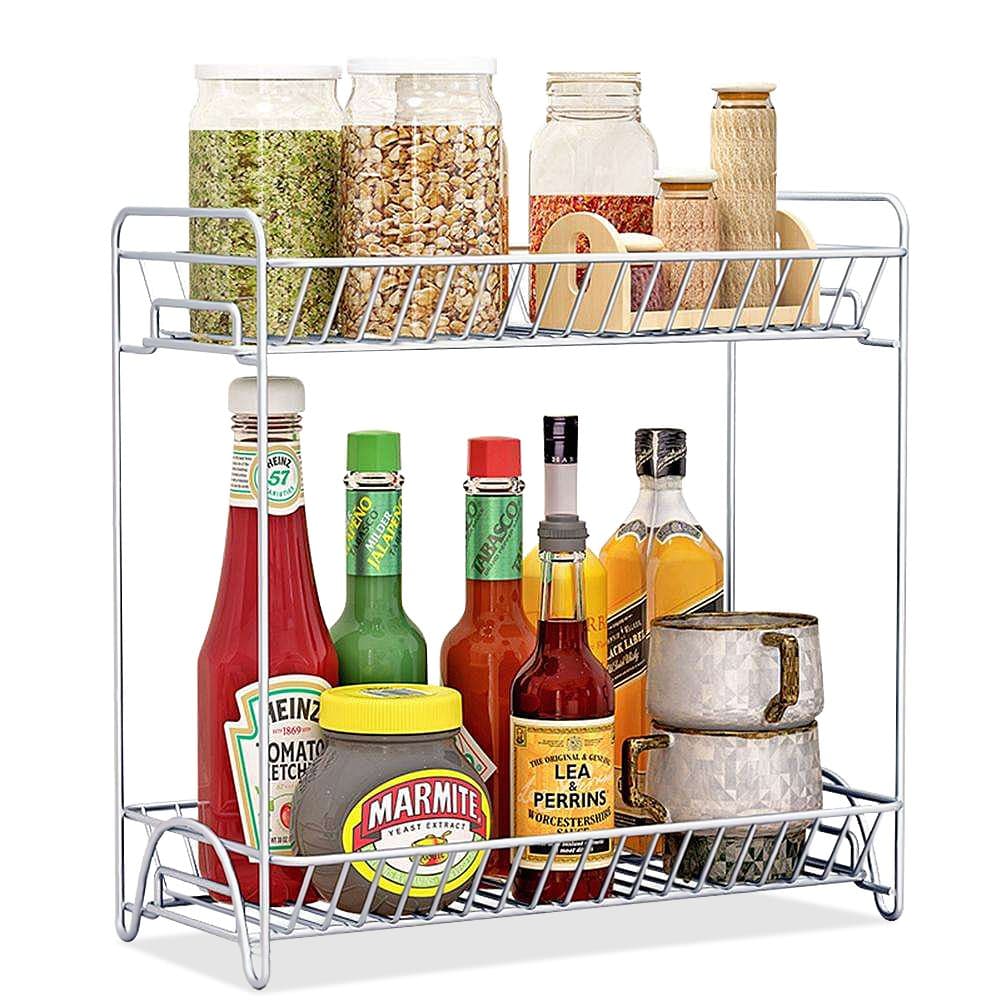 Spice Rack 2 Tier Standing Rack (Large Size), OOFO Kitchen Bathroom Countertop Storage Organizer Spice Jars Bottle Shelf Holder Rack