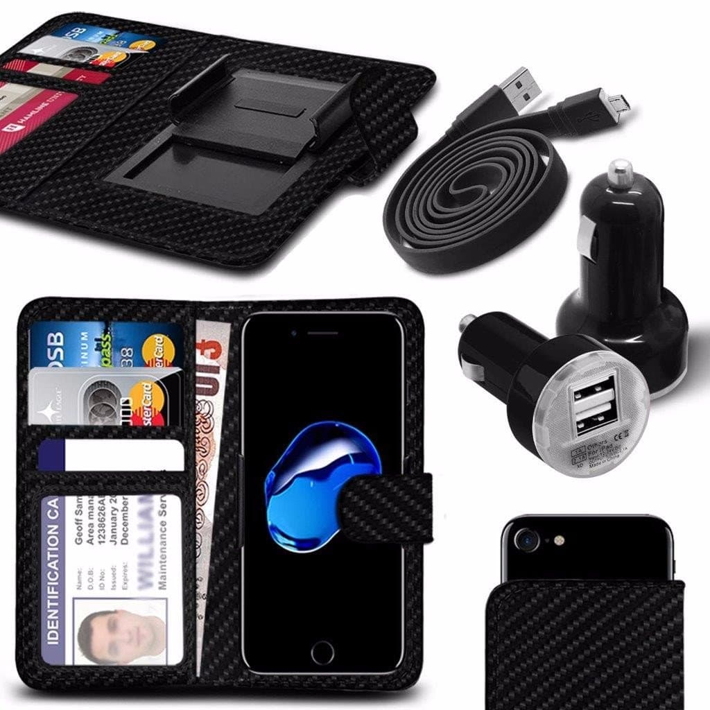 Archos 55B Platinum - Case Super Essentials Pack Clamp Spring Style PU Leather Wallet + Dual Bullet Charger + Micro USB 1 Metre Flat Data Cable - Carbon Black