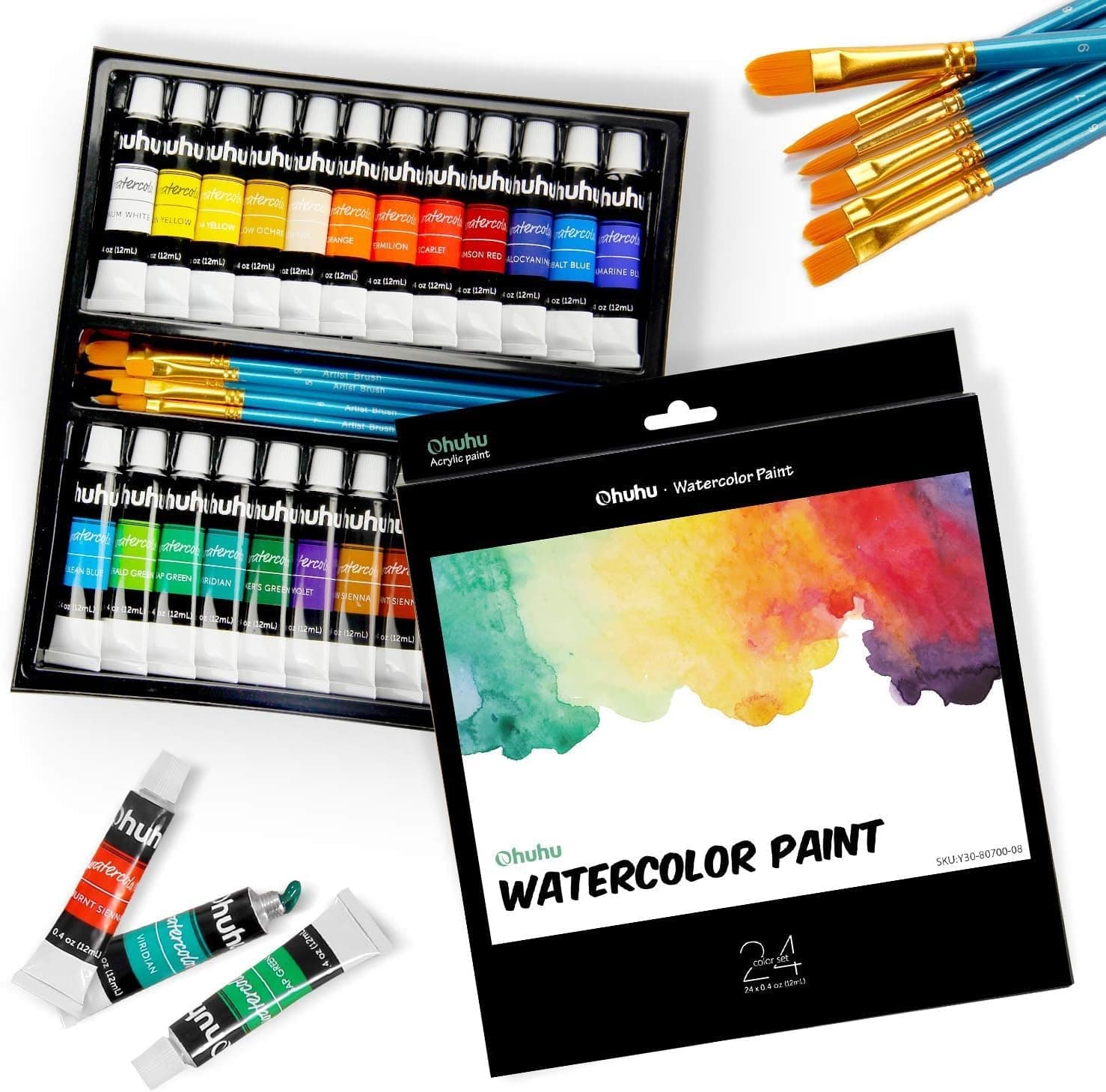- Watercolor Paint Set, 24 Colour X 12ML Water Colour Tube Set Non-taxic with 6 Brushes for Artist Adults Kids, Water Colour Tube Set for Landscape Portrait On Canvas, Multicolor
