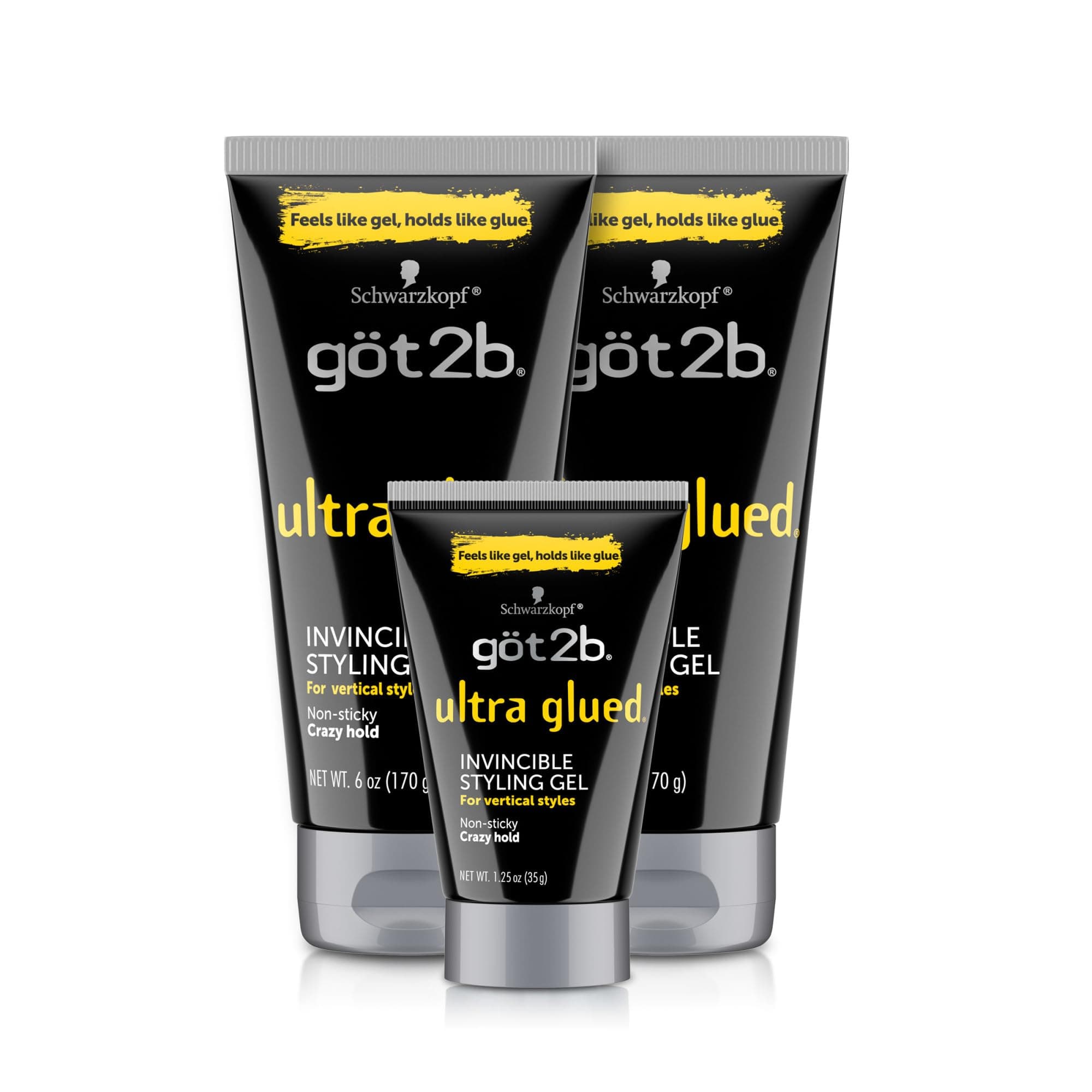 got2b Ultra Glued Invincible Styling Gel Set, 6 Fl Oz (2-Tube) + 1.25 Fl Oz Travel Size, Hair Gel for Men and Women with Extra Strong Hold, Non-Sticky, No-Flake Formula for Vertical Styles