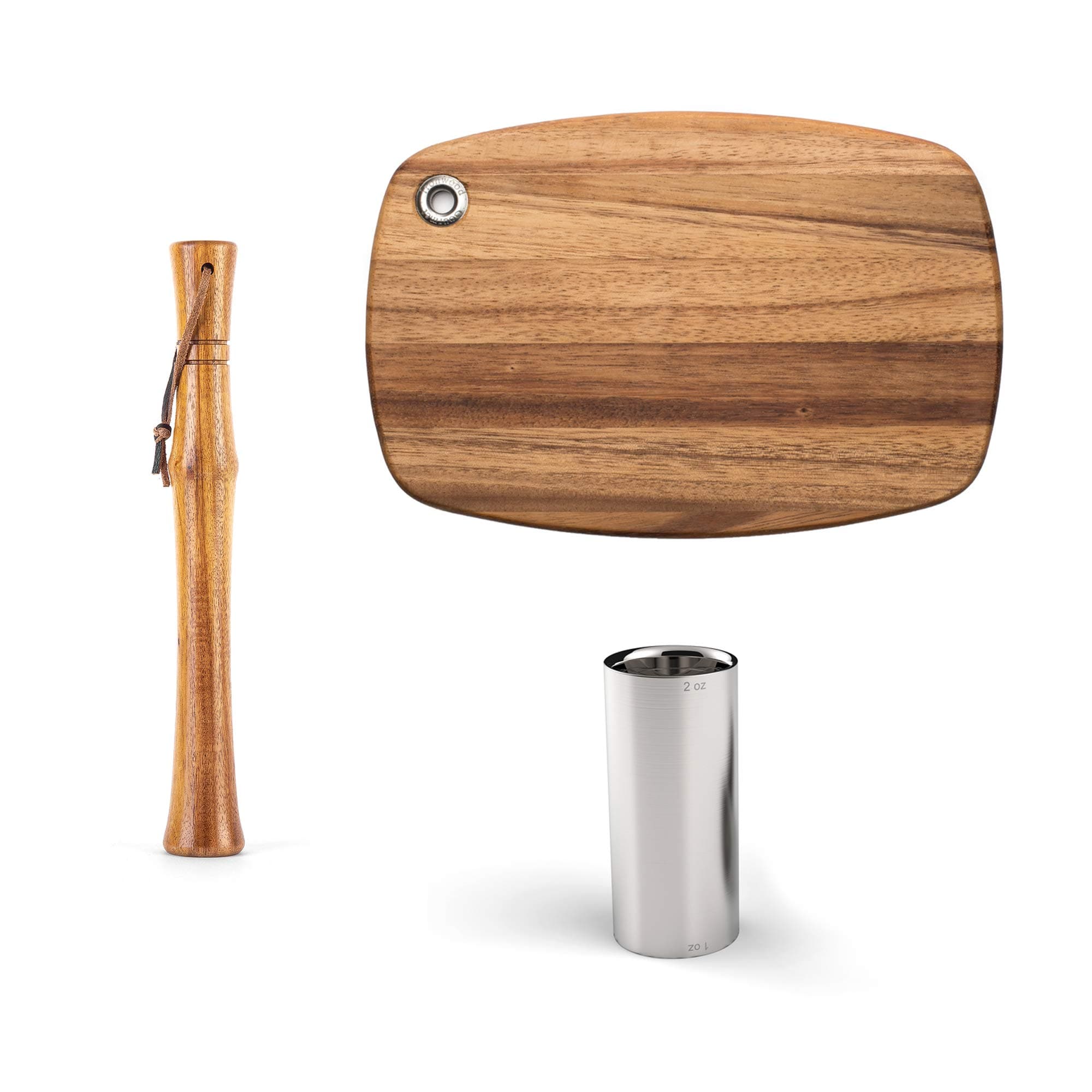 Outset Bartender Starter Kit Double Jigger, Cocktail Muddler and Cutting Board, Set of 3 Bar Accessories, Acacia Wood and Stainless Steel