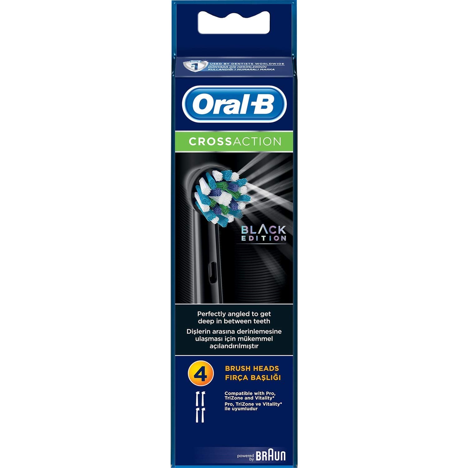 Oral-B Genuine CrossAction Replacement Black Toothbrush Heads, Refills for Electric Toothbrush, Angled Bristles for up to 100 Percent More Plaque Removal, Pack of 4