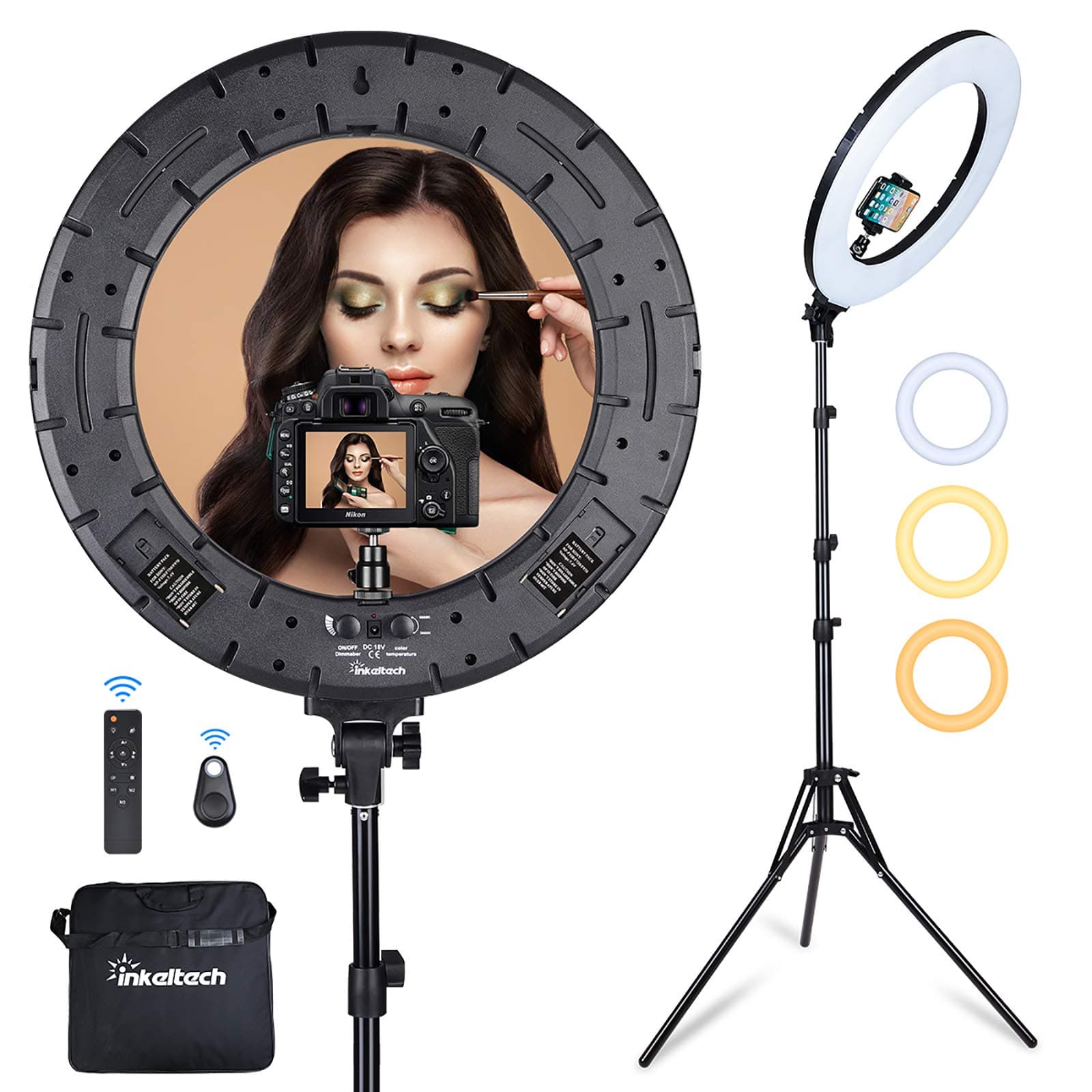 Inkeltech Ring Light - 18 inch 60 W Dimmable LED Ring Light Kit with Stand - Adjustable 3000-6000 K Color Temperature Lighting for Vlog, Makeup, YouTube, Camera, Photo, Video - Control with Remote
