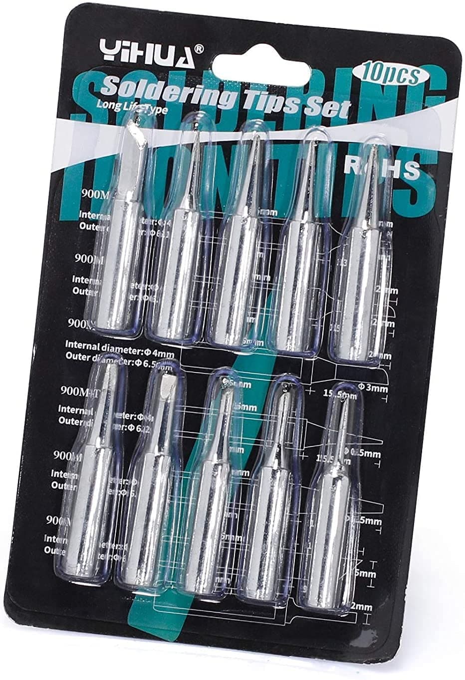 #1200 Soldering Iron Tips Set 10PCS (900M-T-1C, 2C, 3C, 1.2D, 1.6D, 2.4D, 3.2D, I, B, K) Fit for YIHUA SGS Certified Lead-Free 900M Soldering Tips