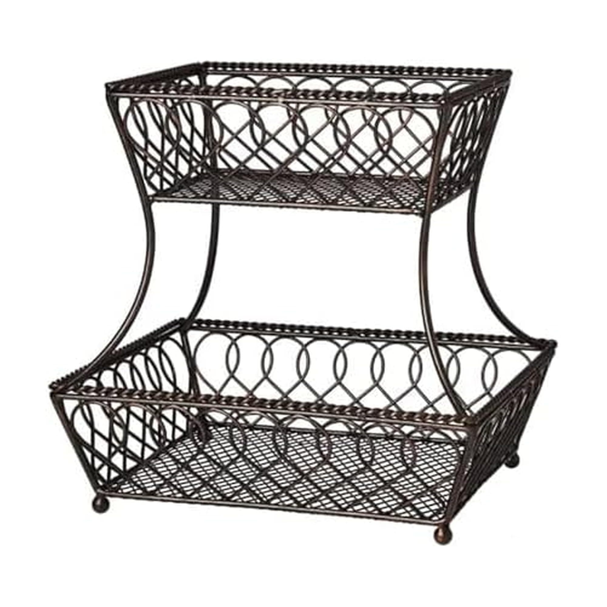 Gourmet Basics by Mikasa Loop and Lattice 2-Tier Rectangular Metal Countertop Basket, 14.25 x 12 Inches, Antique Black Finish, Kitchen Fruit and Bread Storage Organizer