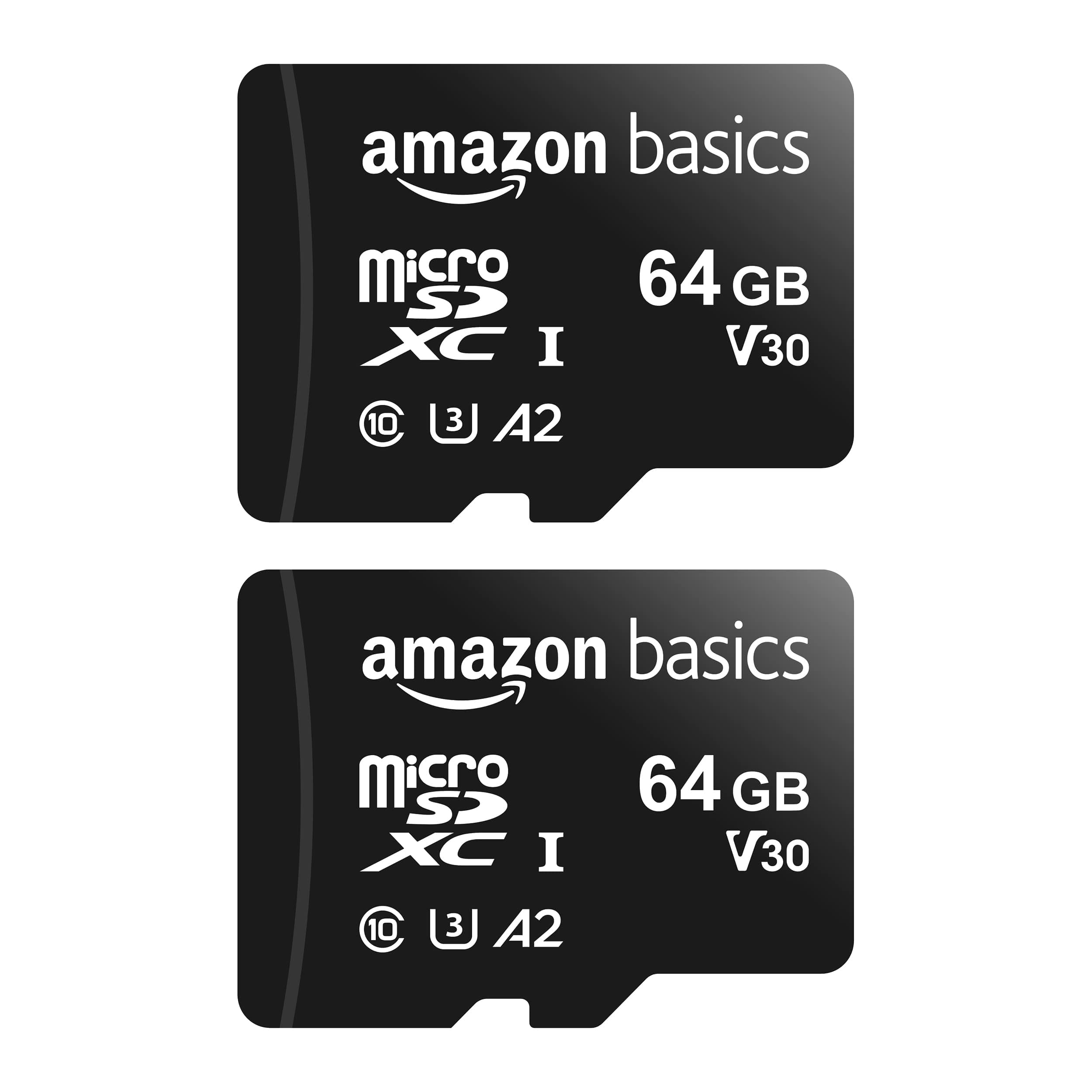 microSDXC Memory Card with Full Size Adapter, A2, U3, Read Speed up to 100 MB/s, 64GB, Black (2pack)